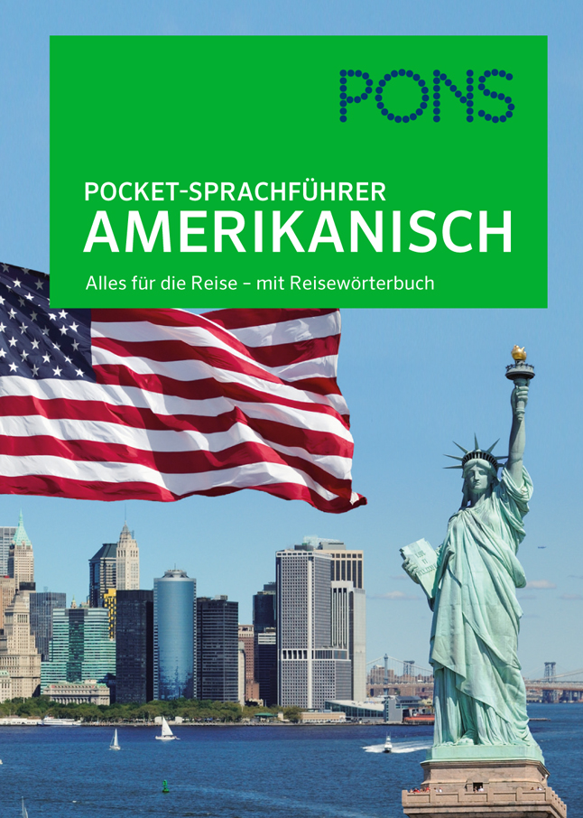 Umschlag eines deutsch-amerikanischen Taschensprachführers mit der Freiheitsstatue, einer amerikanischen Flagge und der Skyline von New York City im Hintergrund.