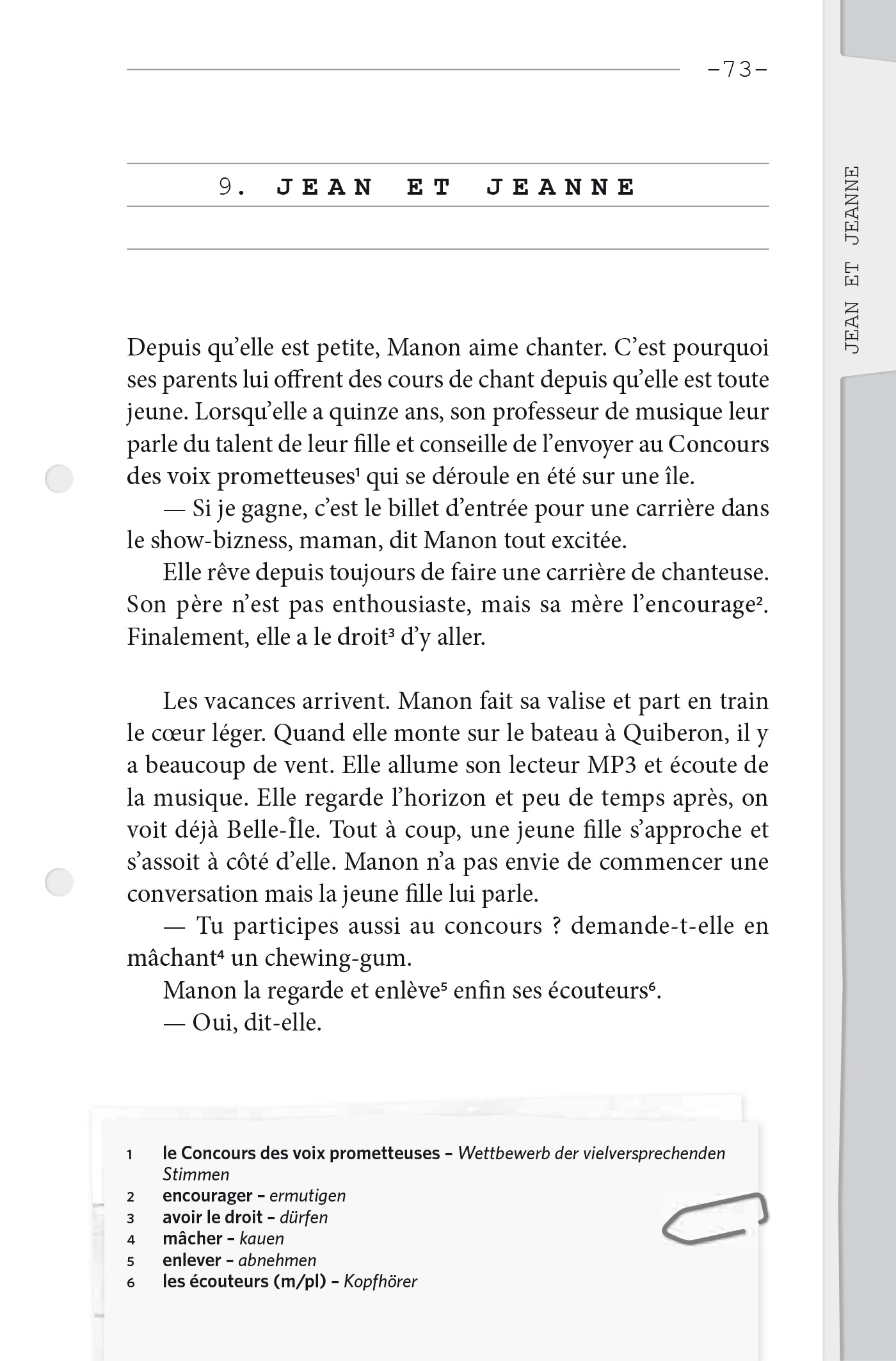 Eine Seite aus einem französischen Buch mit dem Titel Jean et Jeanne, mit einem Text über ein Mädchen namens Manon und ihre Ambitionen im Musik- und Showgeschäft. Oben steht die Seitenzahl 73.