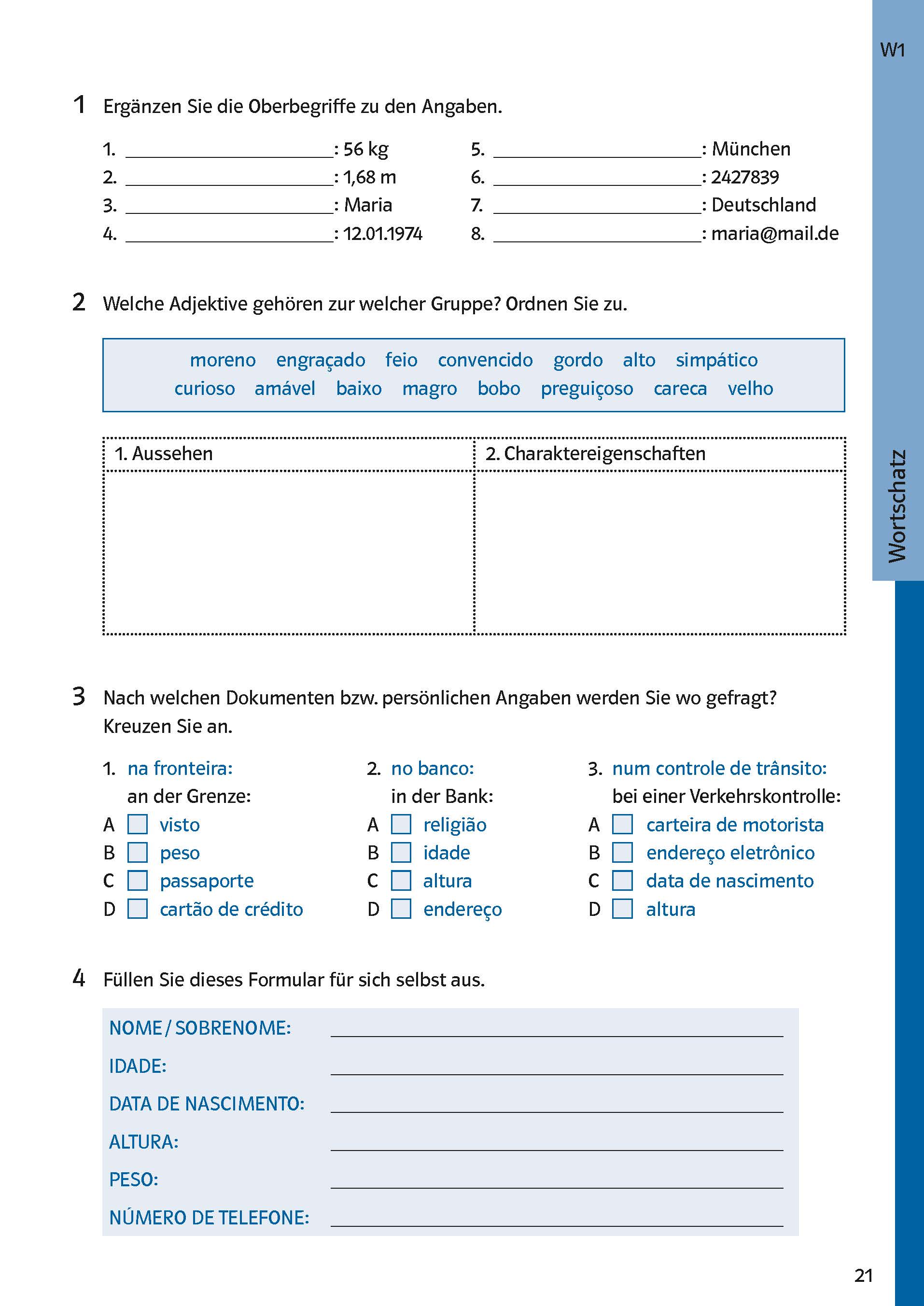 Ein Arbeitsblatt zur deutschen Sprache mit vier Übungen zu Personalien, Adjektiven, Dokumentenarten und einem Formular zum Ausfüllen mit Name, Adresse und Geburtsdatum.