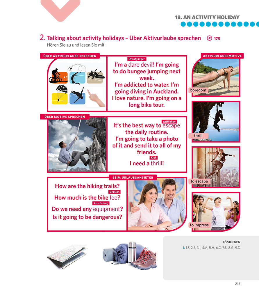 Eine Lehrbuchseite zeigt Vokabeln und Redewendungen zum Thema Aktivurlaub auf Englisch und Deutsch, mit Bildern von Outdoor-Aktivitäten und Menschen, die über Reisepläne sprechen.