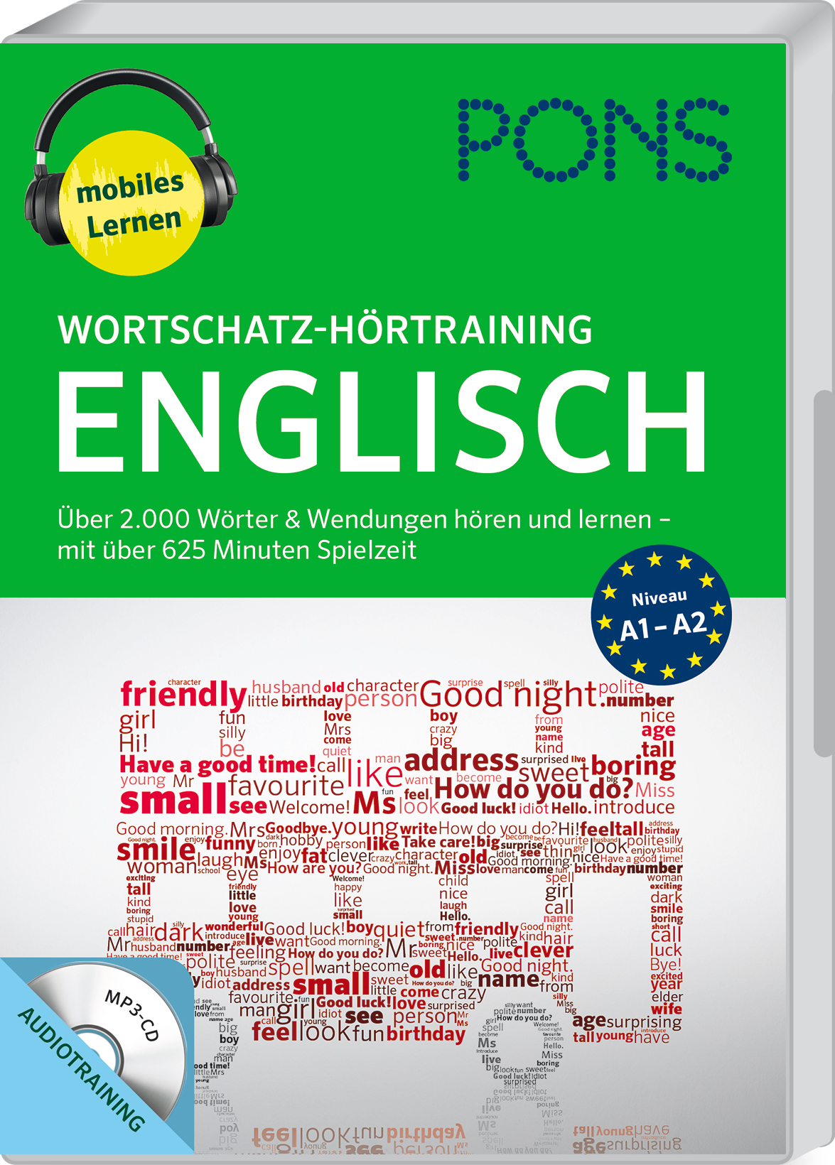 Cover eines PONS Englisch-Vokabeltrainingsbuchs mit Kopfhörern, Text zu 2.000 Wörtern und einer Wortwolke in Form einer Person aus englischen Phrasen.
