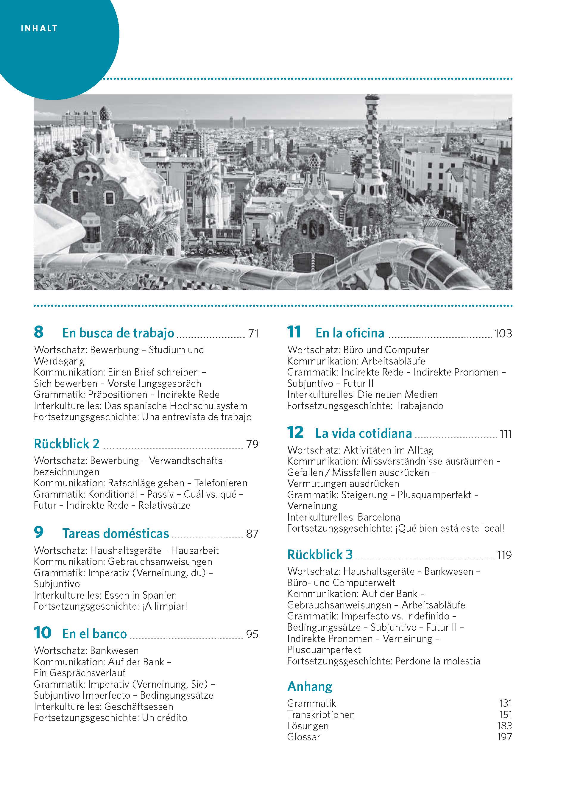 Inhaltsverzeichnis eines Deutsch-Spanisch-Lehrbuchs mit Kapiteln und Themen wie Arbeitssuche, Wiederholung und bürobezogener Wortschatz und Grammatik.