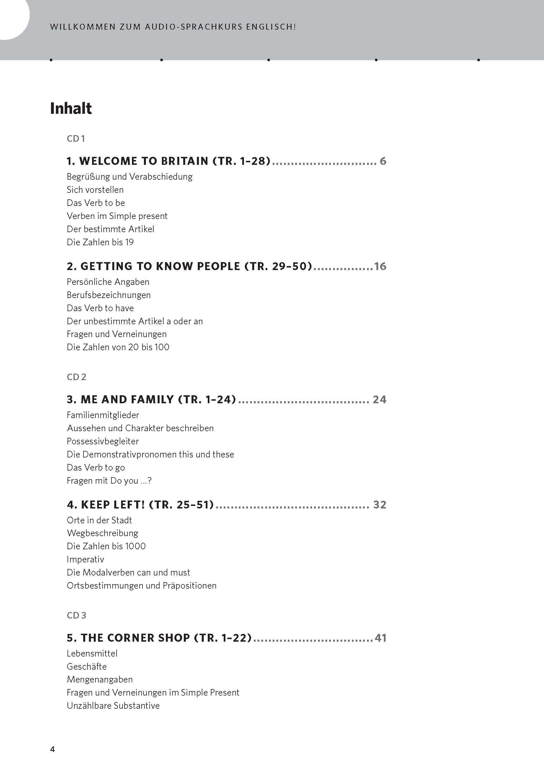 Ein Inhaltsverzeichnis eines deutsch-englischen Audio-Sprachkurses mit Themen wie Einführung, Zahlen, Familie und Wegbeschreibung, verteilt auf zwei CDs.
