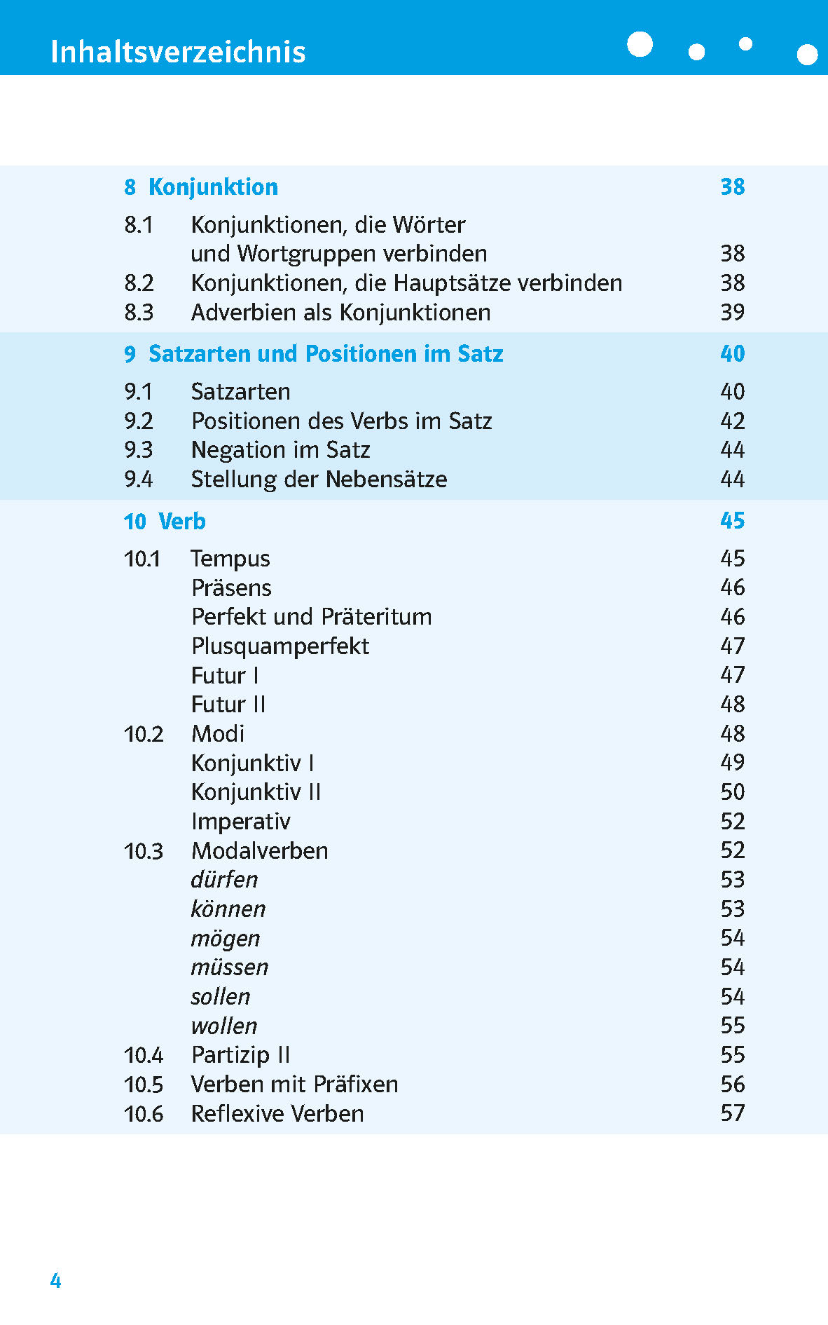 Inhaltsverzeichnis mit den Abschnitten über Konjunktionen, Satzbau und Verben, wobei die entsprechenden Seitenzahlen in Blau angegeben sind.
