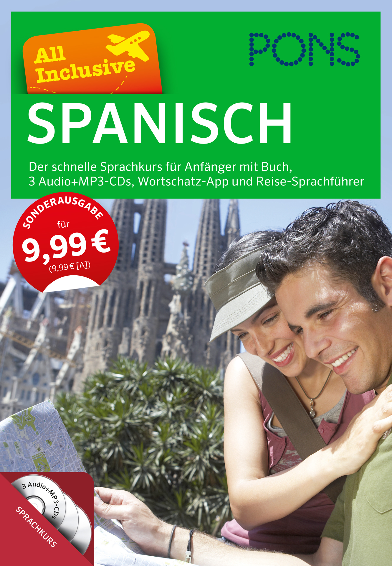 Titelblatt eines Lernpakets für die spanische Sprache mit einem lächelnden Paar, das eine Landkarte benutzt, mit der Sagrada Familia im Hintergrund und Angaben zur Preisgestaltung.