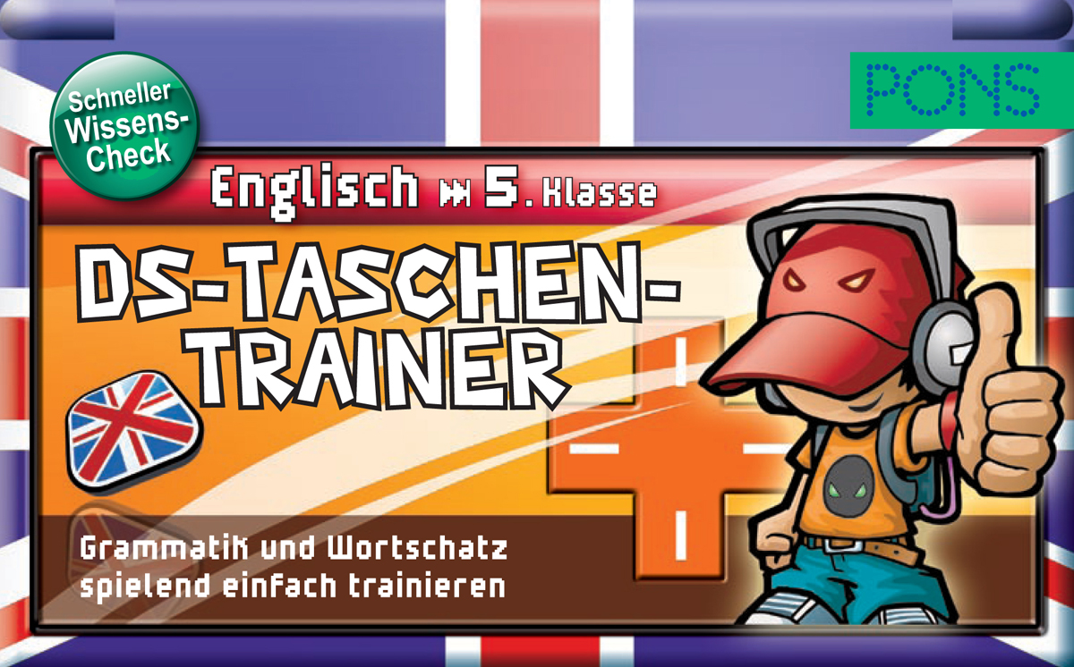 Cover eines deutschen Lernspiels mit dem Titel DS-Taschen-Trainer Englisch 5. Klasse, mit Cartoon-Junge mit Mütze, britischer Flagge und Text über Grammatik und Vokabeltraining.
