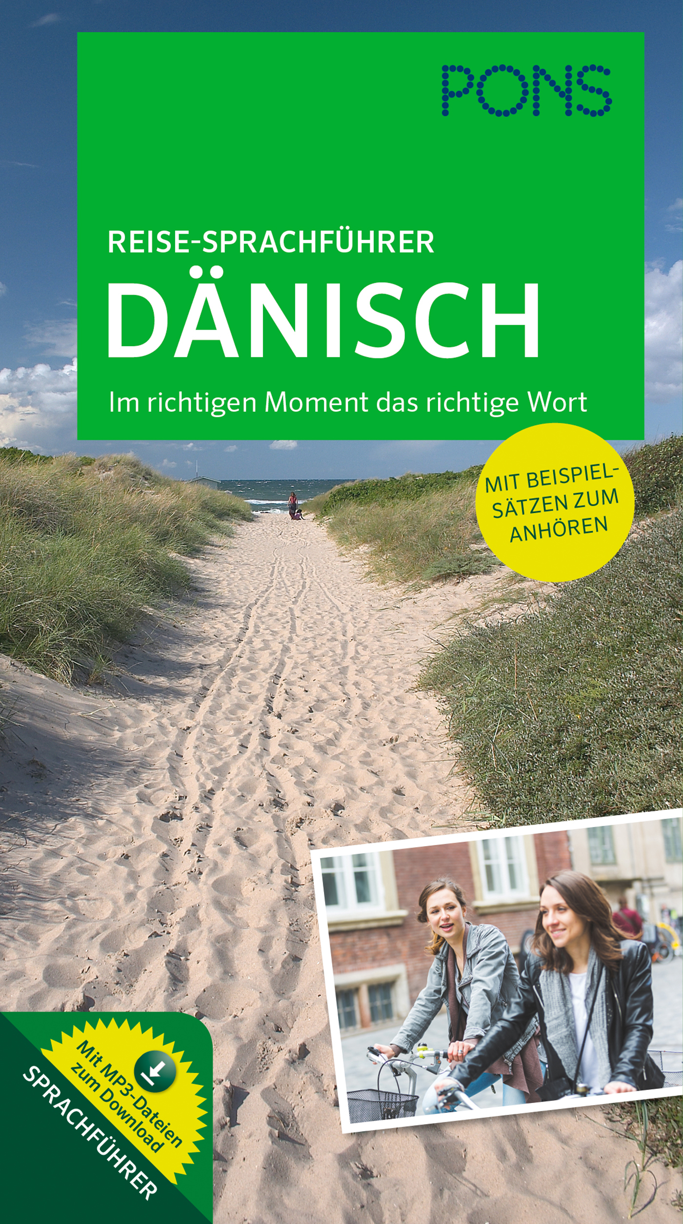 Umschlag eines deutsch-dänischen Reiseführers mit einem Sandweg zum Strand, grünem Titelbanner und einem kleinen Foto von zwei Radfahrerinnen.