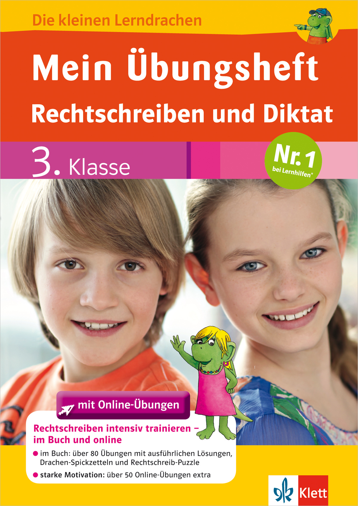Umschlag eines deutschen Arbeitsbuchs mit dem Titel Mein Übungsheft Rechtschreiben und Diktat 3. Klasse mit zwei lächelnden Kindern und der Abbildung eines grünen Drachens.