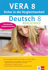 Ein Schüler schreibt auf einem Papier; auf dem Buchdeckel steht VERA 8 Sicher in die Vergleichsarbeit, Deutsch 8 Realschule, und enthält Informationen zur Vorbereitung auf Deutschprüfungen.