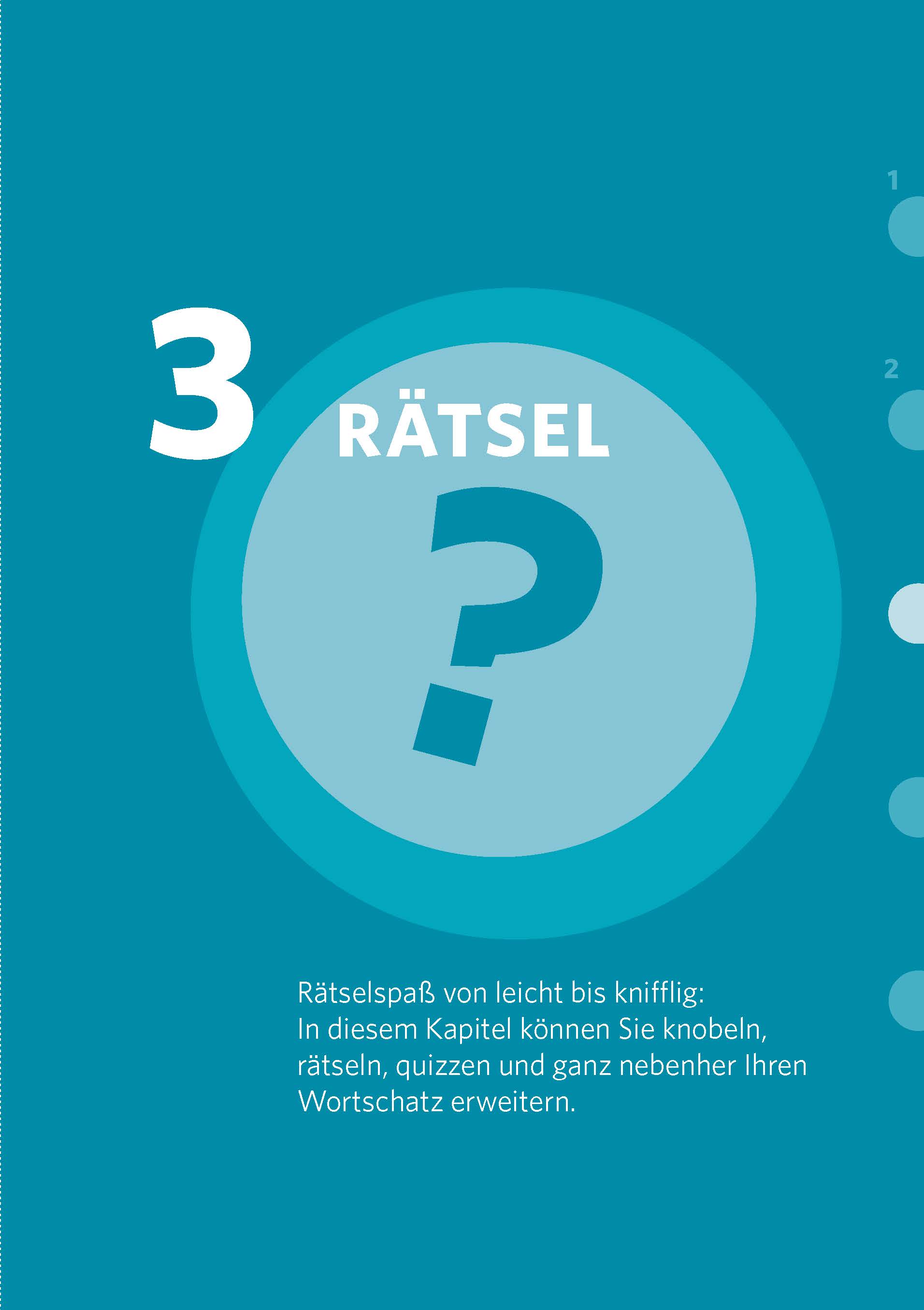 Eine blaue Seite mit einer großen Zahl 3, dem Wort Rätsel, einem Fragezeichen und einem deutschen Text über Rätsel und Wortschatzerweiterung.