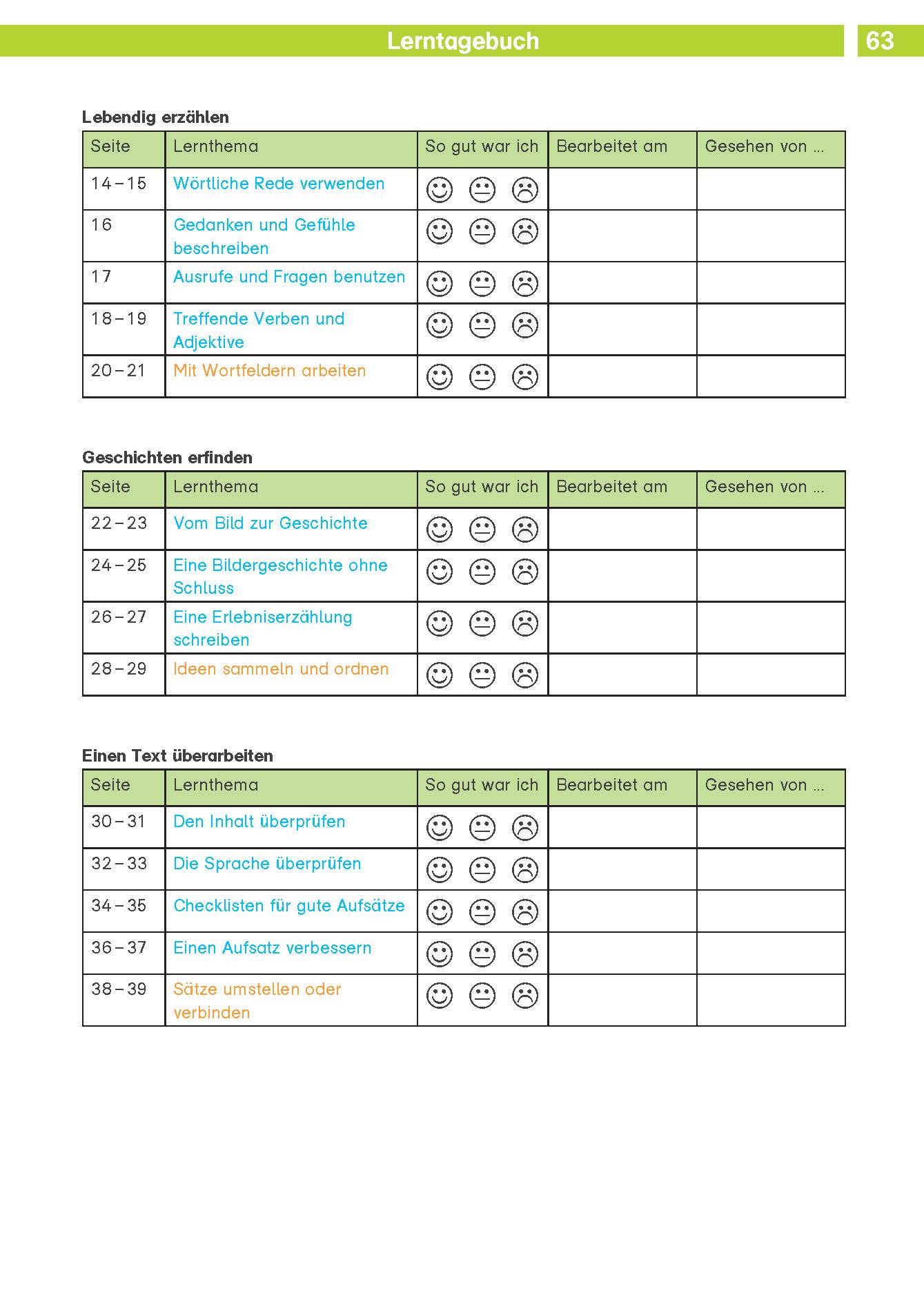 Eine Tabelle auf einer Arbeitsbuchseite mit dem Titel Lerntagebuch listet Lernthemen, Seitenzahlen und Spalten auf, um den Fortschritt zu bewerten und zu notieren, ob Aufgaben gesehen oder erledigt wurden.