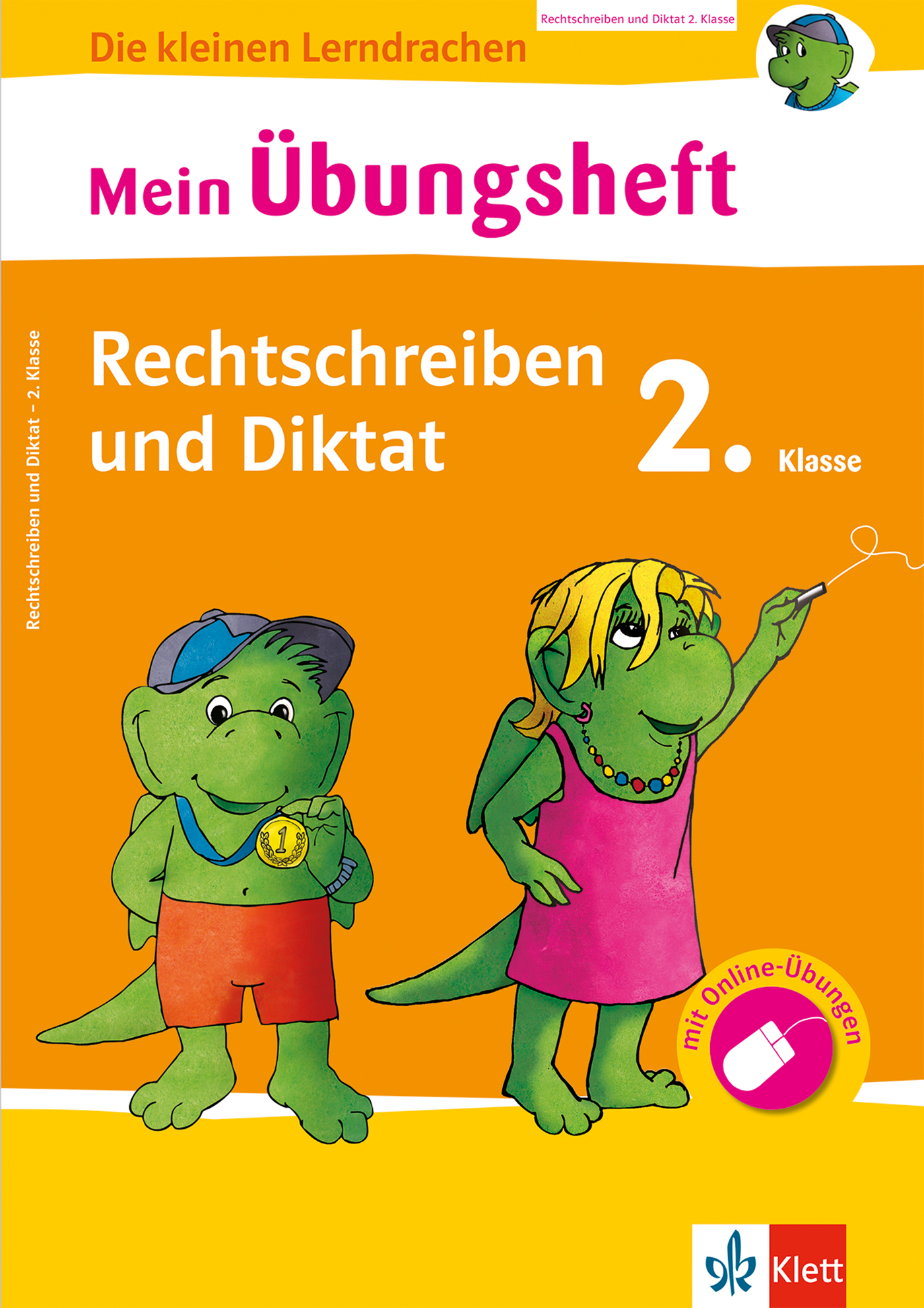 Zwei Cartoon-Drachen, einer in Shorts mit Medaille, der andere im Kleid, stehen auf einem gelben Hintergrund mit deutschem Text für ein Buchstabier- und Diktierheft der 2. Klasse.