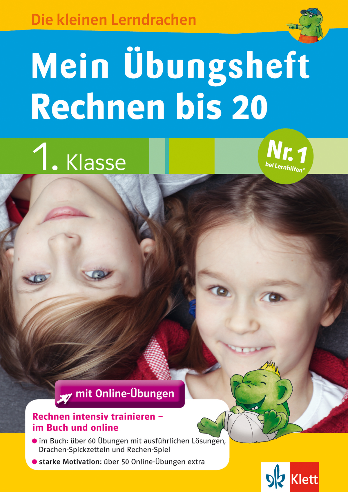 Umschlag eines deutschen Mathe-Arbeitsheftes für die erste Klasse mit dem Titel Mein Übungsheft Rechnen bis 20, das zwei im Gras liegende Kinder und einen Zeichentrickdrachen zeigt, mit Text zu Online-Übungen.