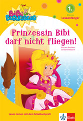 Buchumschlag von Prinzessin Bibi darf nicht fliegen! mit einem sitzenden Mädchen in einem Prinzessinnenkostüm, einem Besenstiel und einem gelben Hintergrund.