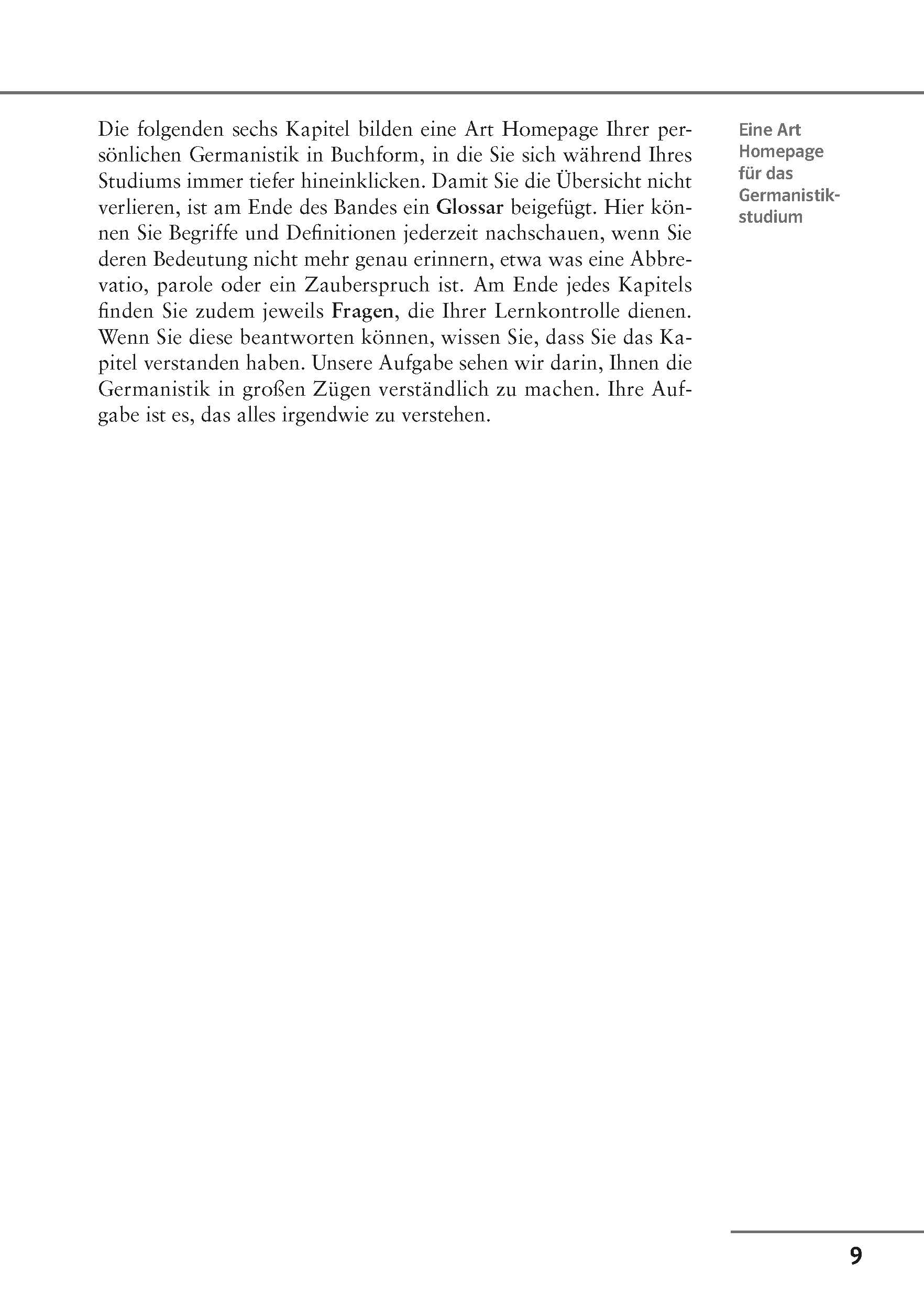 Eine Seite aus einem Deutschbuch mit einem Textblock auf der linken Seite, der die Kapitelstruktur erklärt, und einer Seitenleiste auf der rechten Seite mit der Aufschrift Eine Art Homepage für das Germanistikstudium.