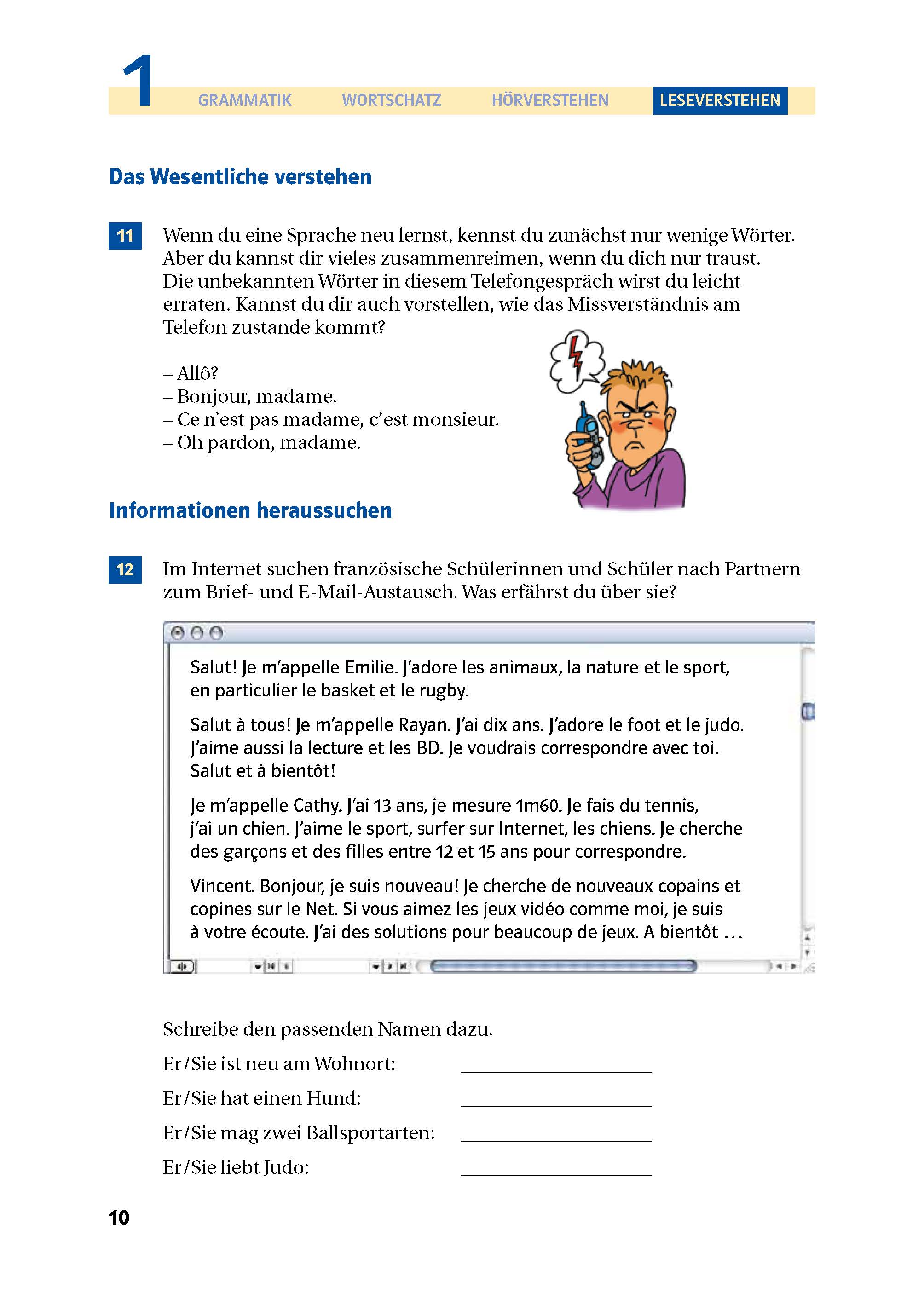 Eine Seite aus dem Lehrbuch der deutschen Sprache mit einem Text über die Grundlagen des Sprachenlernens, einem Cartoon über ein Telefongespräch und einer Übung, bei der man französische Ausdrücke ihrer Bedeutung zuordnen kann.