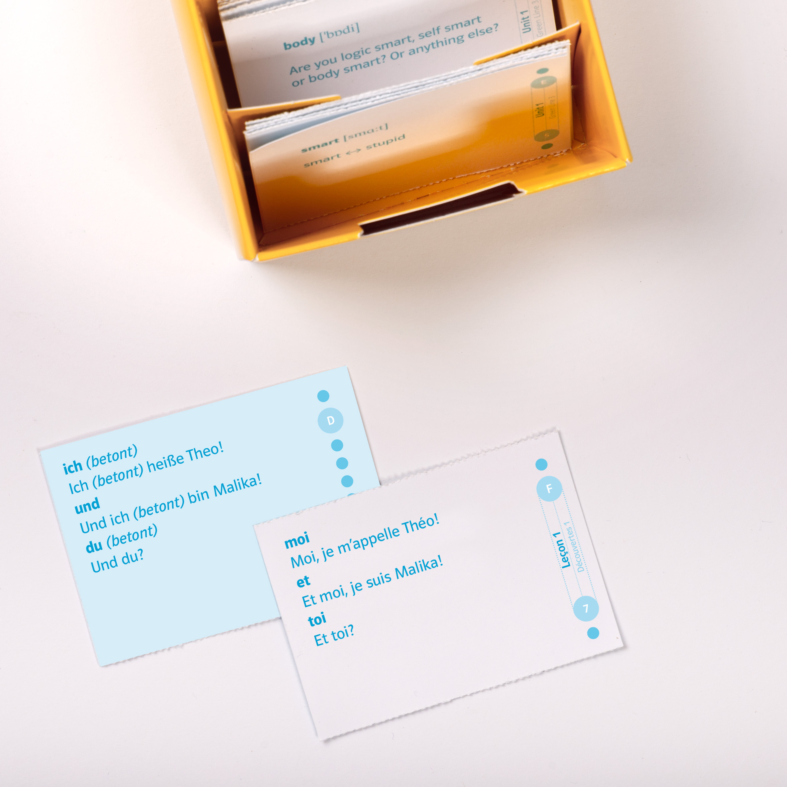 Eine gelbe Schachtel mit Karteikarten enthält deutsche und französische Sprachkarten. Zwei Karten liegen auf dem Tisch, auf denen grundlegende Einführungssätze in beiden Sprachen stehen.