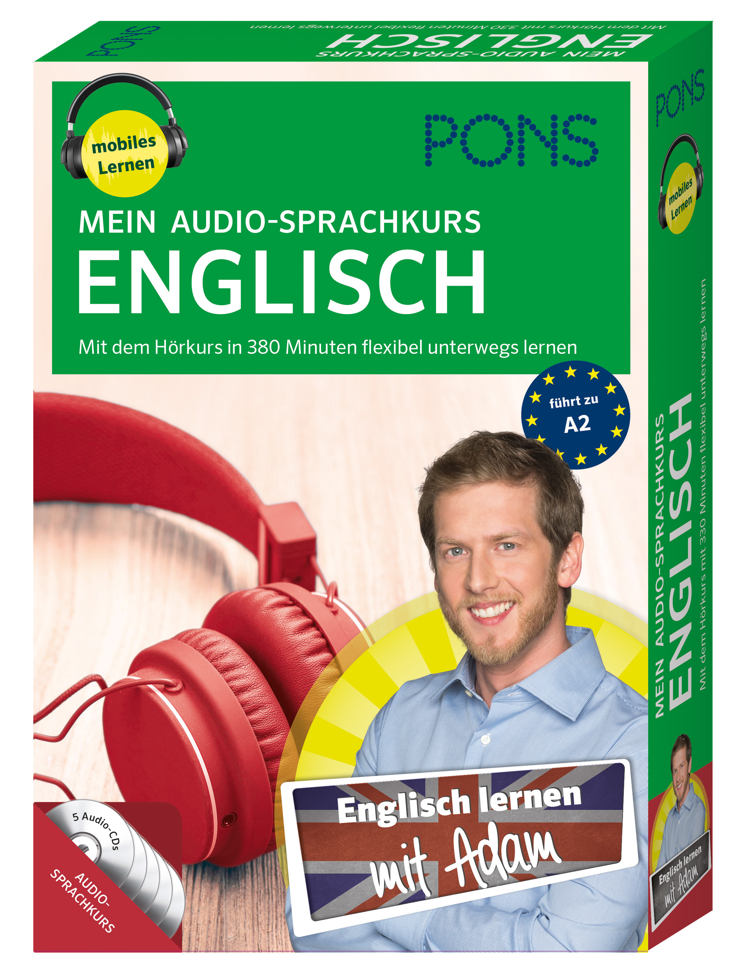 Schachtelcover für PONS Mein Audio-Sprachkurs Englisch mit roten Kopfhörern und einem lächelnden Mann, der für flexibles Englischlernen mit Audio-Lektionen wirbt.