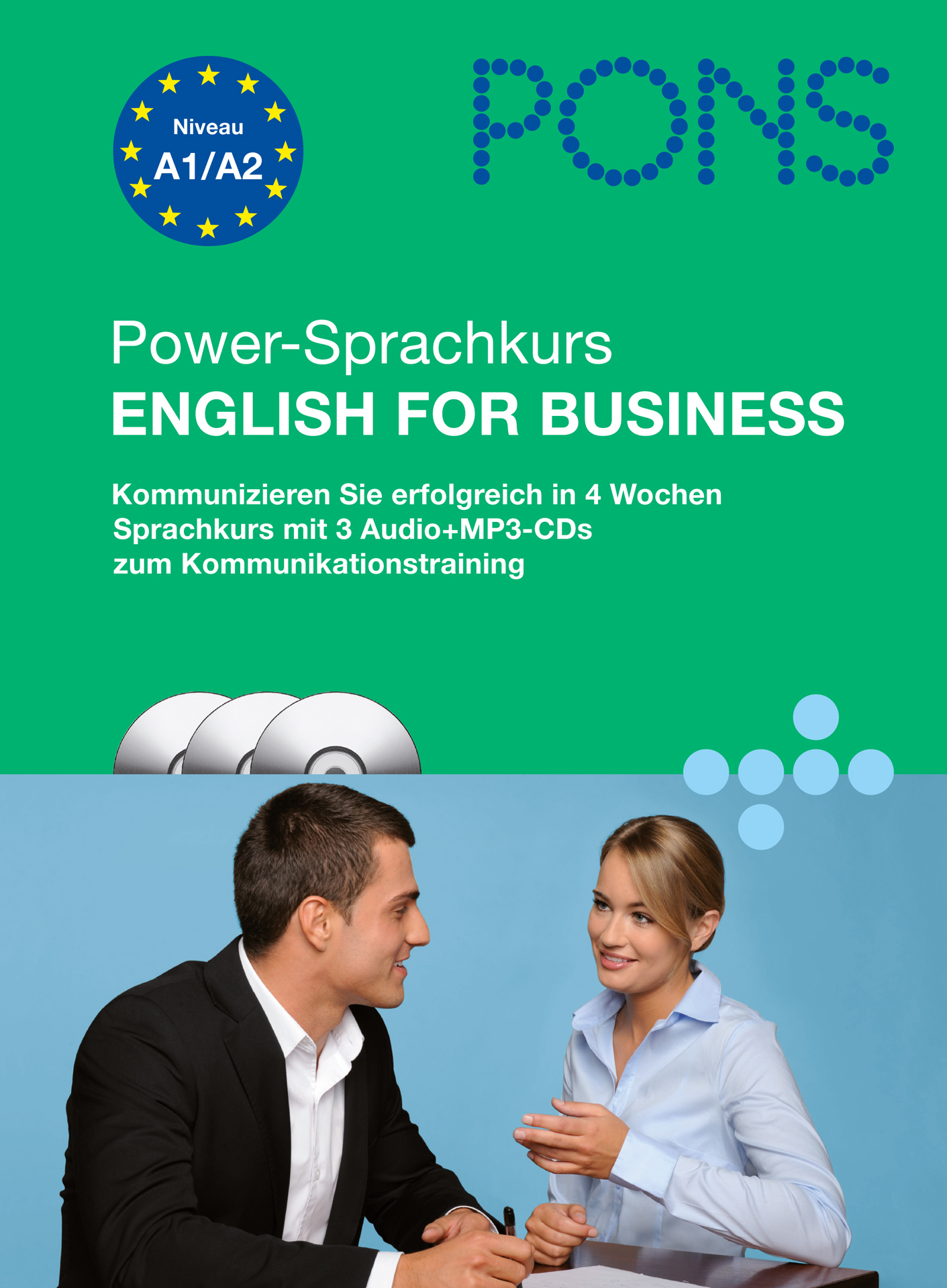 Ein Mann und eine Frau in Geschäftskleidung sitzen an einem Tisch, unterhalten sich und lächeln. Das Bild ist Teil eines Covers für einen deutsch-englischen Business-Sprachkurs.