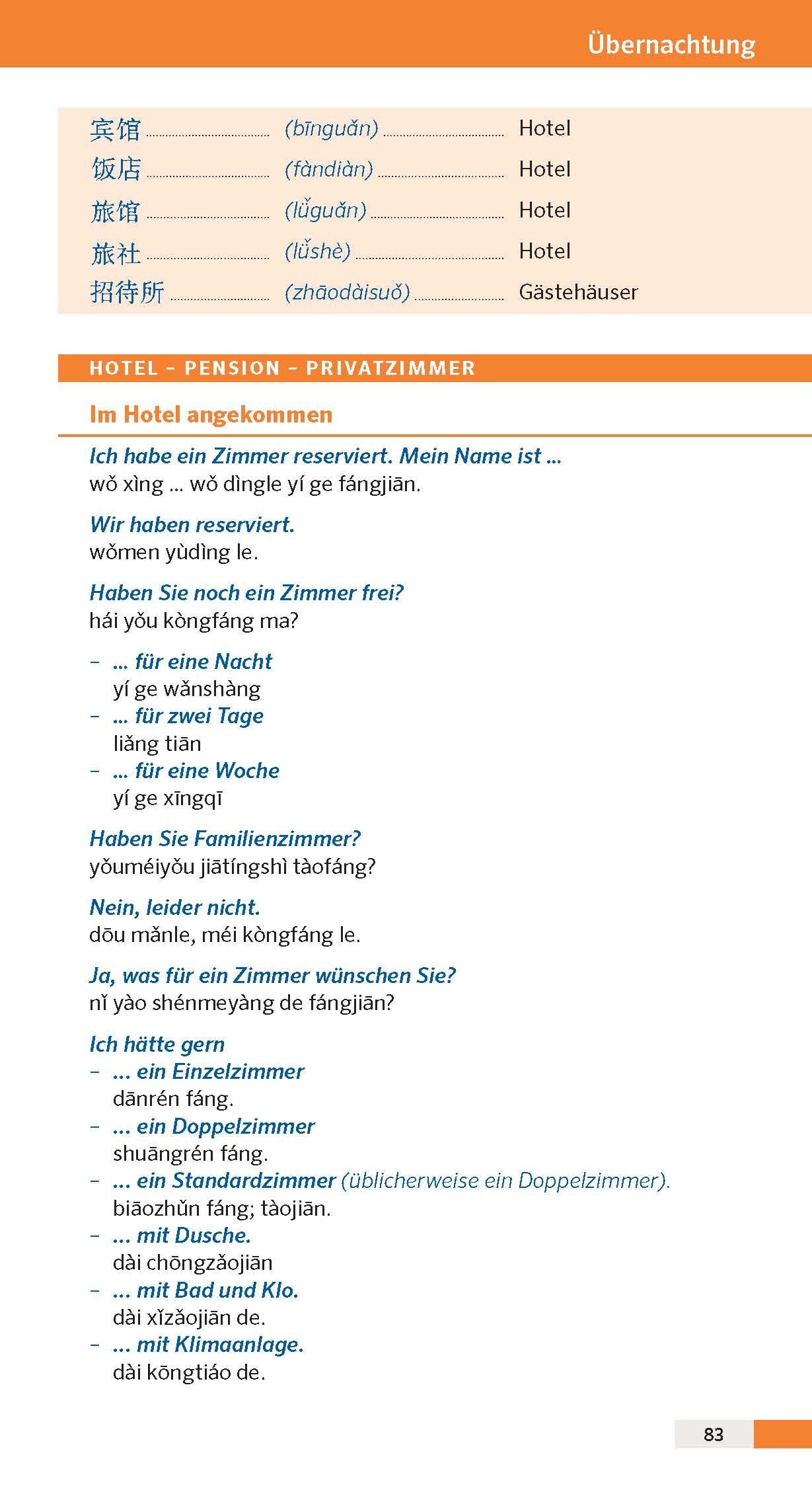 Eine deutsch-chinesische Sprachführerseite mit Abschnitten über das Einchecken in ein Hotel, die Frage nach einem Zimmer, die Angabe von Zimmertypen und den dazugehörigen Wortschatz mit Übersetzungen und Aussprachen.