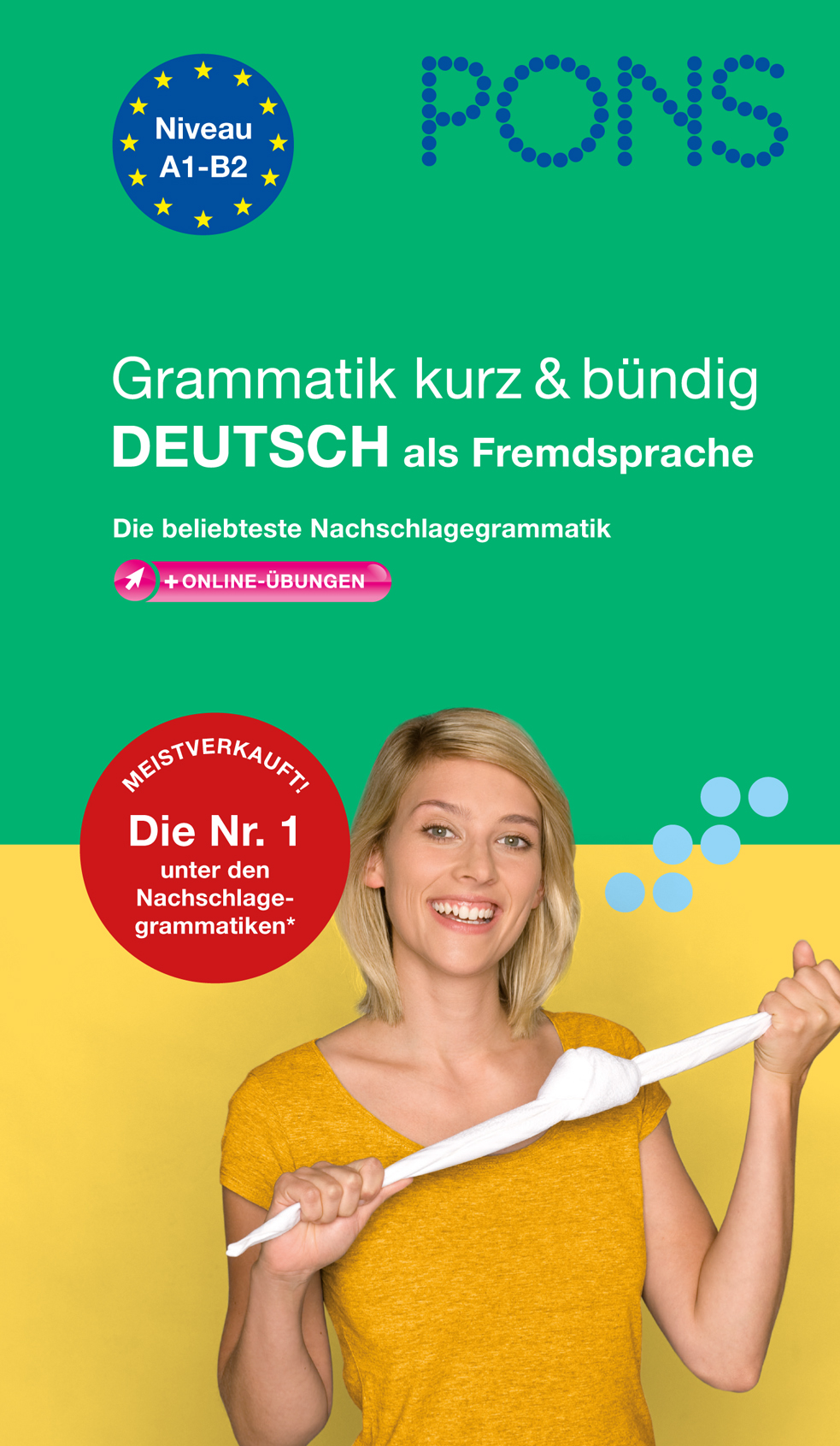 Eine Frau lächelt und hält ein verschlungenes weißes Tuch in der Hand; über ihr stehen Texte, die für ein Nachschlagewerk der deutschen Grammatik für die Niveaustufen A1-B2 werben, mit Online-Übungen und Bestseller-Highlights.
