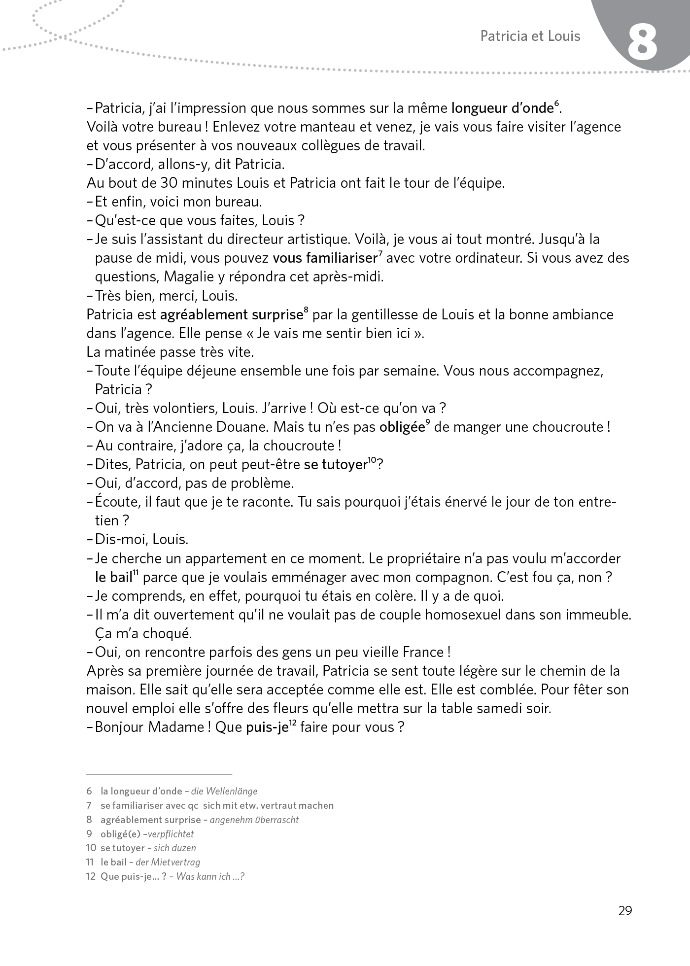 Eine Seite aus einem französischsprachigen Lehrbuch, die einen Dialog zwischen Patricia und Louis über Louis' neue Rolle als Assistent der künstlerischen Leitung zeigt, gefolgt von Verständnisfragen.