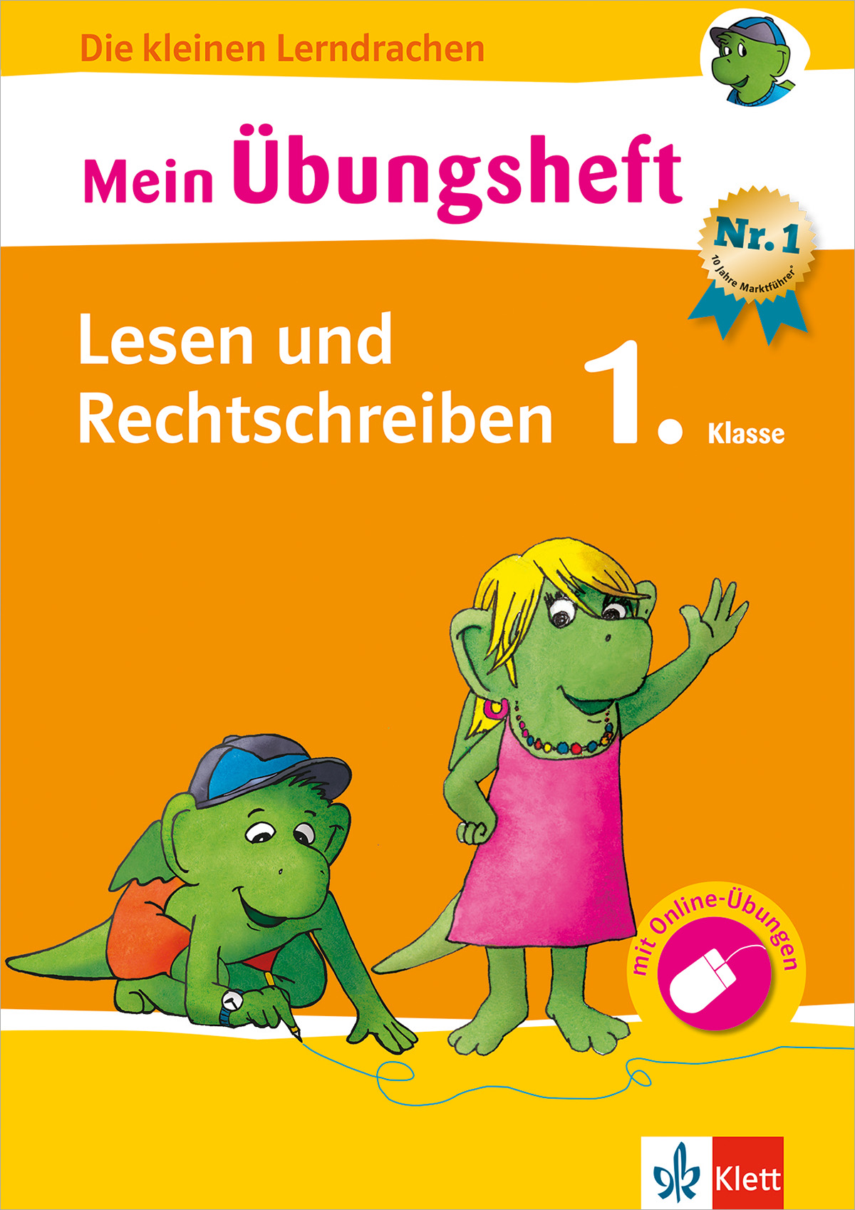 Buchumschlag mit dem Titel Mein Übungsheft Lesen und Rechtschreiben 1. Klasse mit zwei Cartoon-Drachen, von denen einer sitzt und schreibt und der andere steht und winkt.
