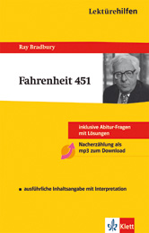 Das Cover eines Studienführers für Ray Bradburys Fahrenheit 451 zeigt ein Schwarz-Weiß-Porträt des Autors und einen gelben Hintergrund mit roten und blauen Akzenten.