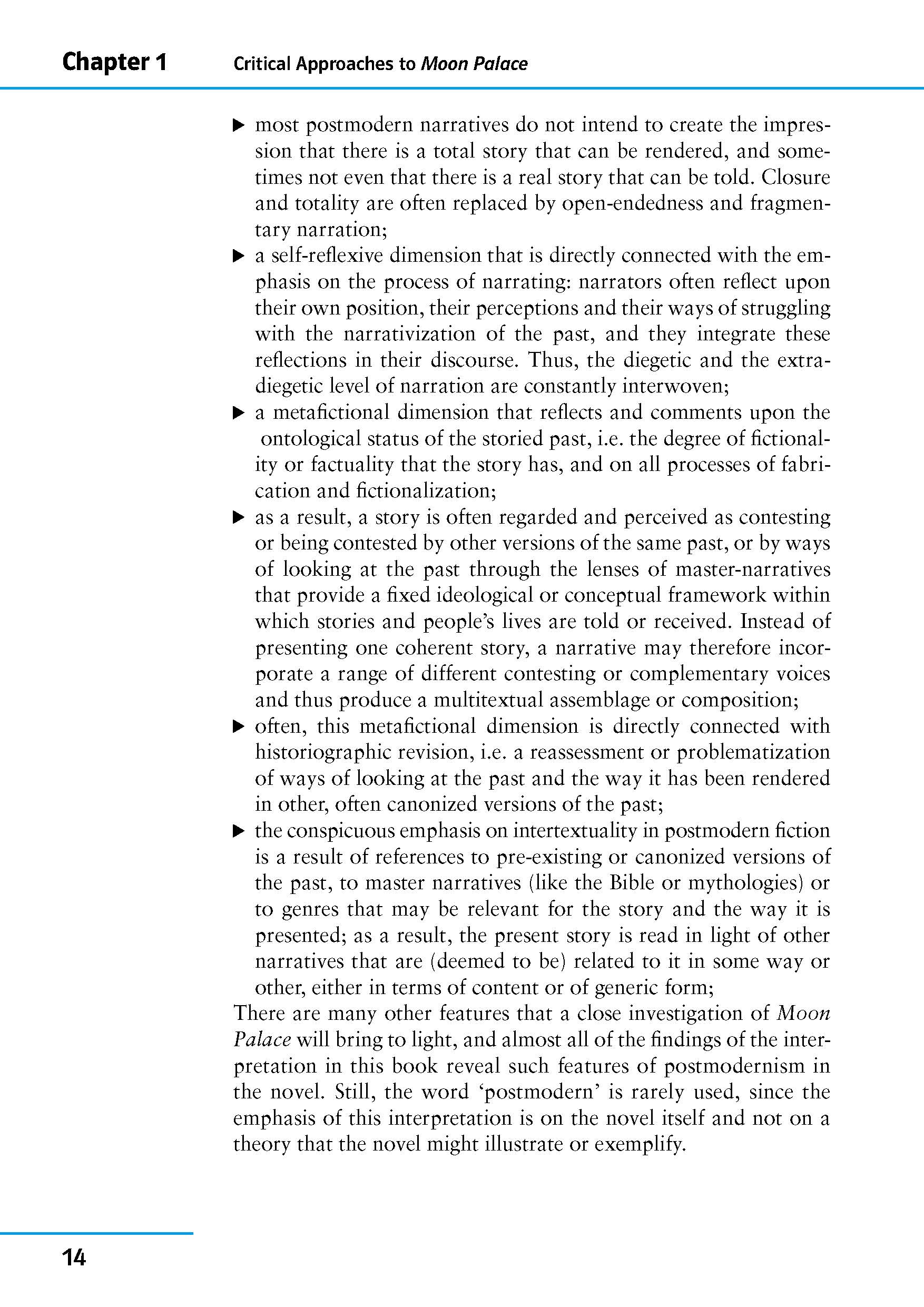 Eine Lehrbuchseite mit dem Titel Critical Approaches to Moon Palace (Kritische Ansätze zum Mondpalast) erörtert mit Aufzählungspunkten und hervorgehobener Schrift die Erzähltheorie, die Offenheit des Endes und die Rolle der Fiktionalität beim Er...