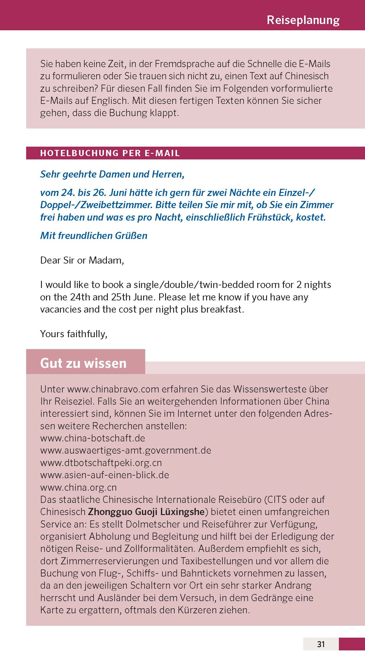 Eine deutsche Reiseführerseite zeigt eine E-Mail-Vorlage für die Buchung eines Hotelzimmers, mit Abschnitten zur Planung, E-Mail-Beispielen und Tipps zum Verfassen effektiver Buchungsanfragen.
