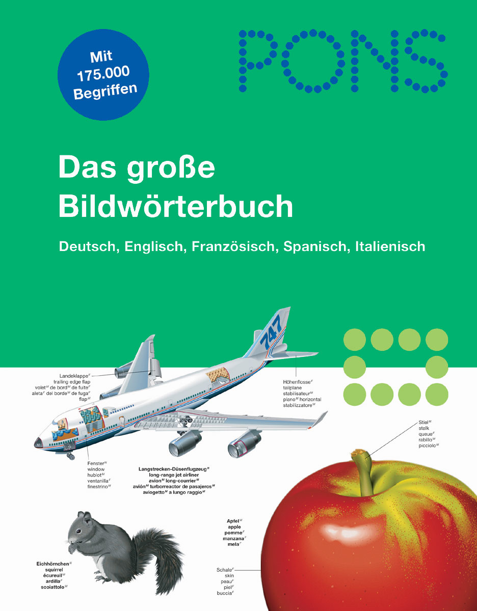 Buchumschlag von Das große Bildwörterbuch von PONS mit einem beschrifteten Flugzeug und einem Apfel, mit Text in Deutsch und anderen Sprachen.