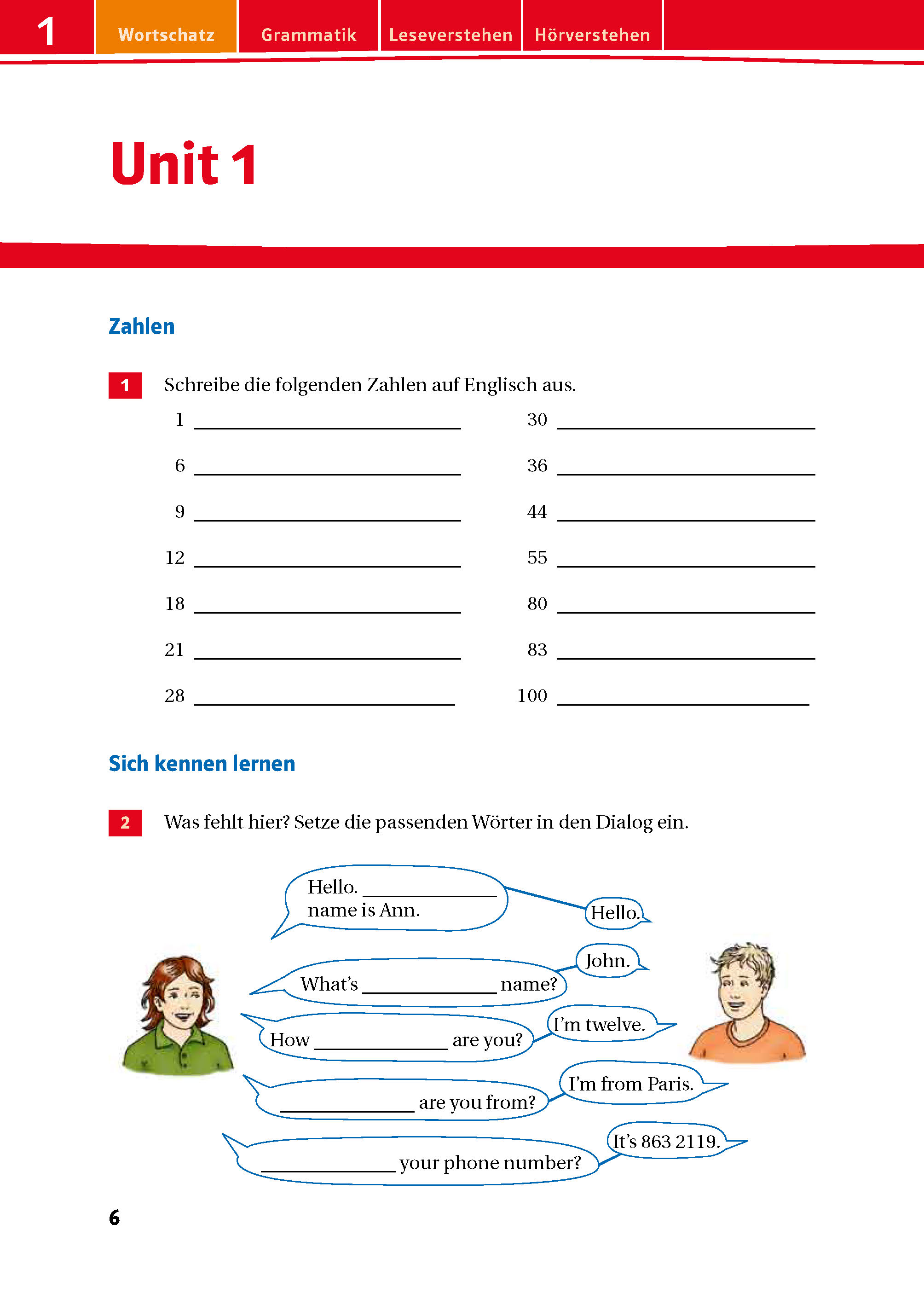 Eine deutsch-englischsprachige Arbeitsbuchseite mit Zahlenübersetzung und einem Dialog zum Thema Vorstellen mit Cartoon-Bildern von zwei Personen.