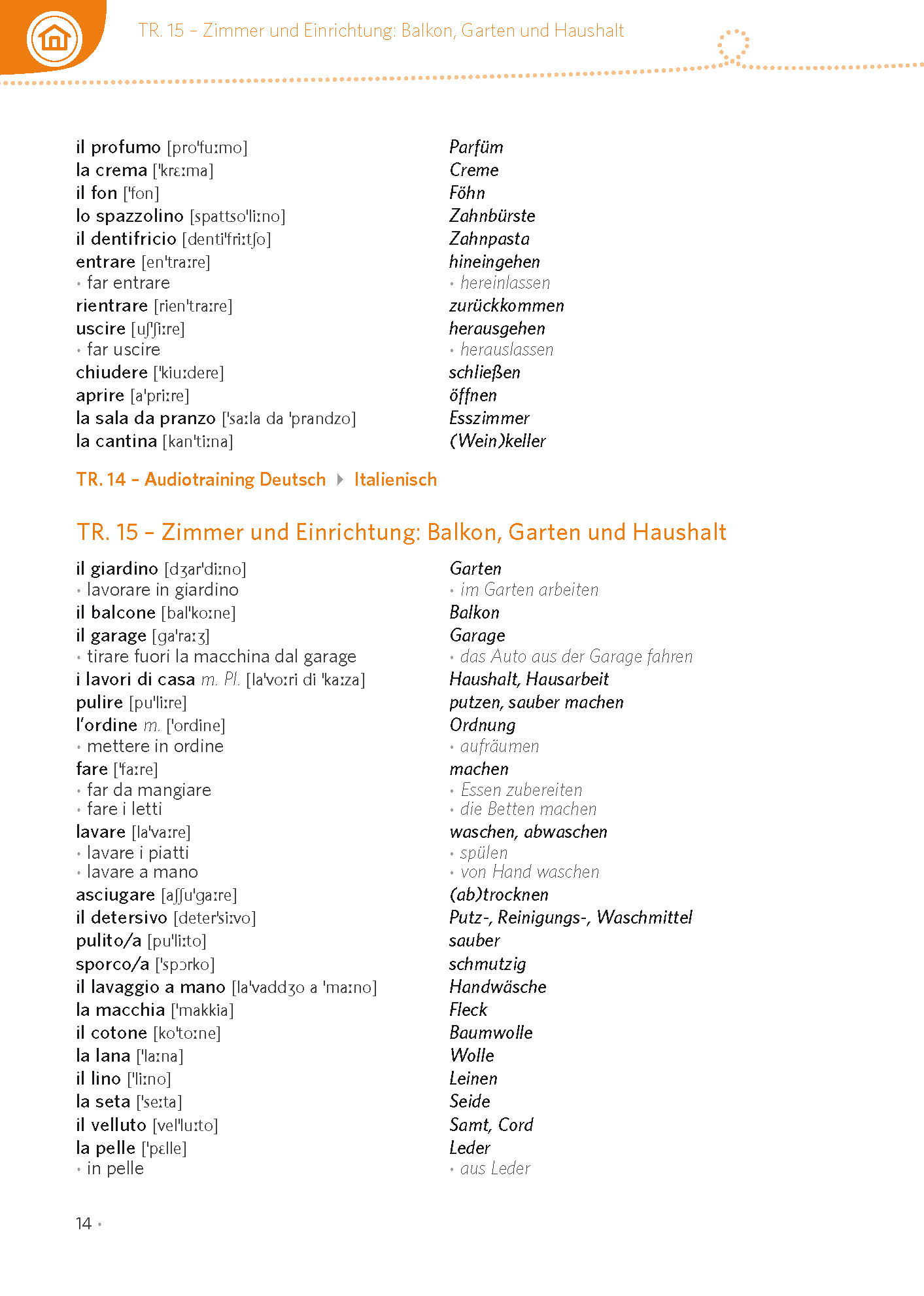 Eine Vokabelliste auf Italienisch und Deutsch für Haushalts- und Gartenartikel, geordnet nach Kategorien mit Übersetzungen und Aussprachehilfen.
