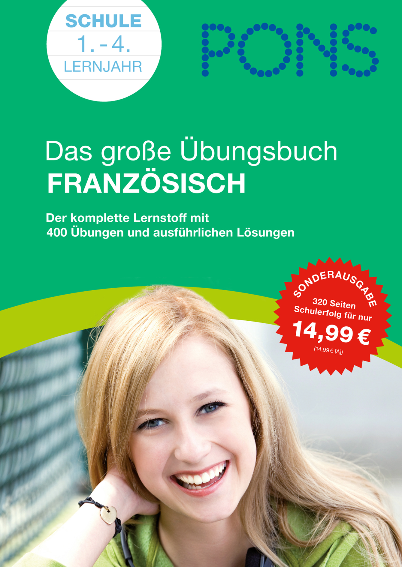 Umschlag eines deutschsprachigen Französisch-Heftes für die Klassen 1-4, mit einer lächelnden jungen Frau und einem Werbetext über den Inhalt und den Sonderpreis des Buches.
