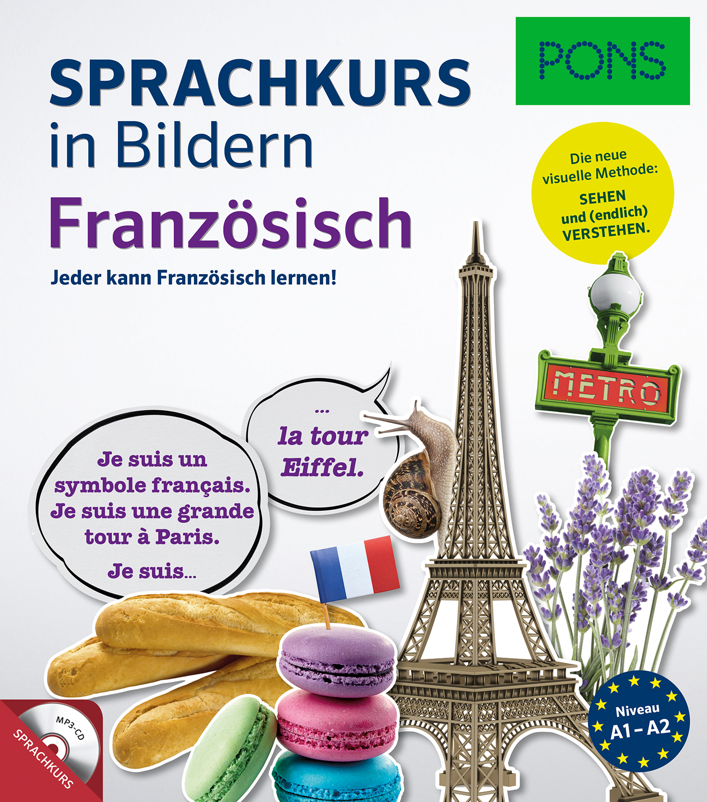 Umschlag eines Französischkursbuchs mit dem Eiffelturm, Macarons, Lavendel, einem METRO-Zeichen, Baguettes und Sprechblasen mit französischen Redewendungen.
