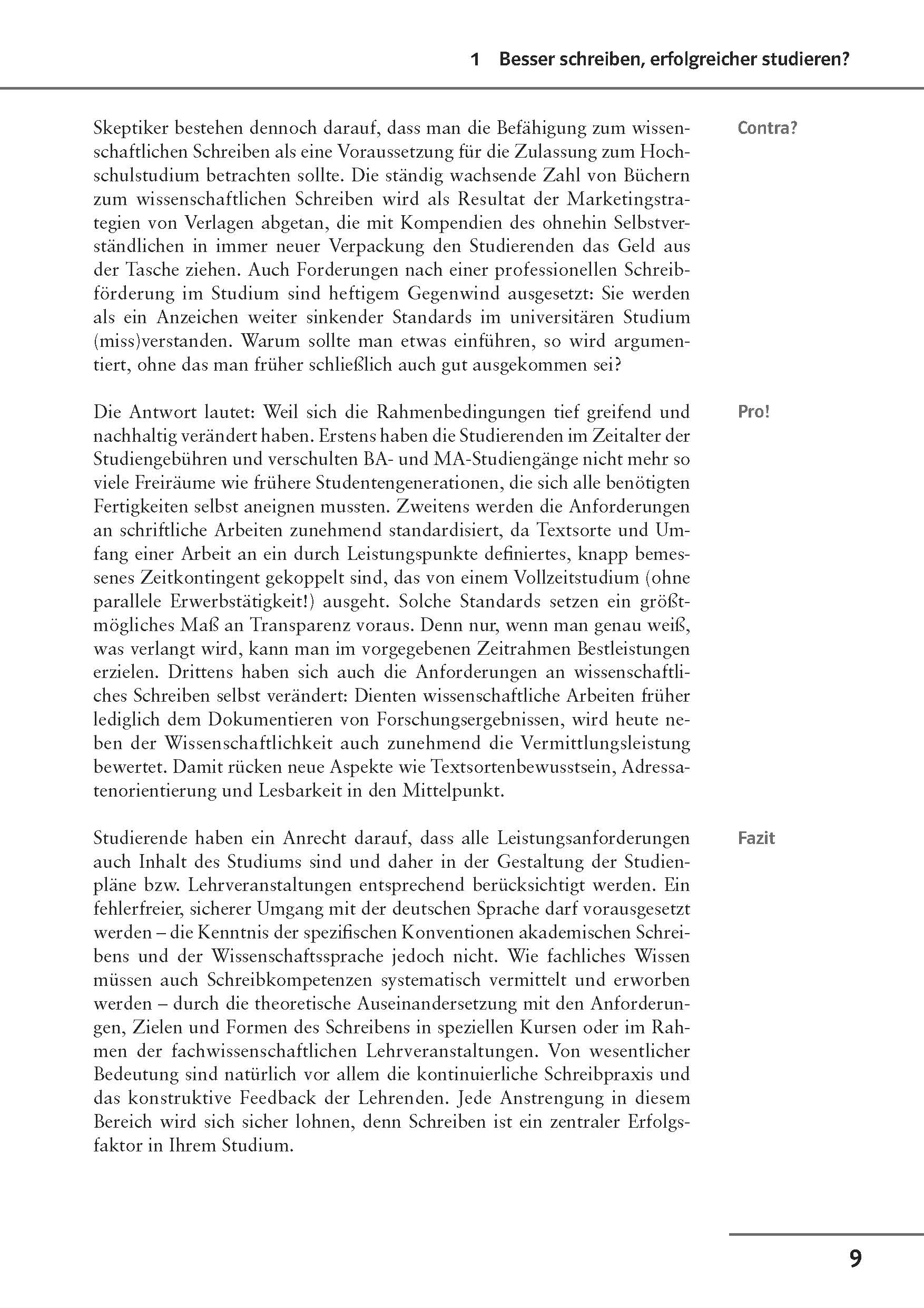 Auf einer Schulbuchseite in deutscher Sprache wird in zwei Spalten gedruckter Text über die Vor- und Nachteile von besserem Schreiben und erfolgreicherem Lernen diskutiert. Die Seitenzahl 9 erscheint unten rechts.