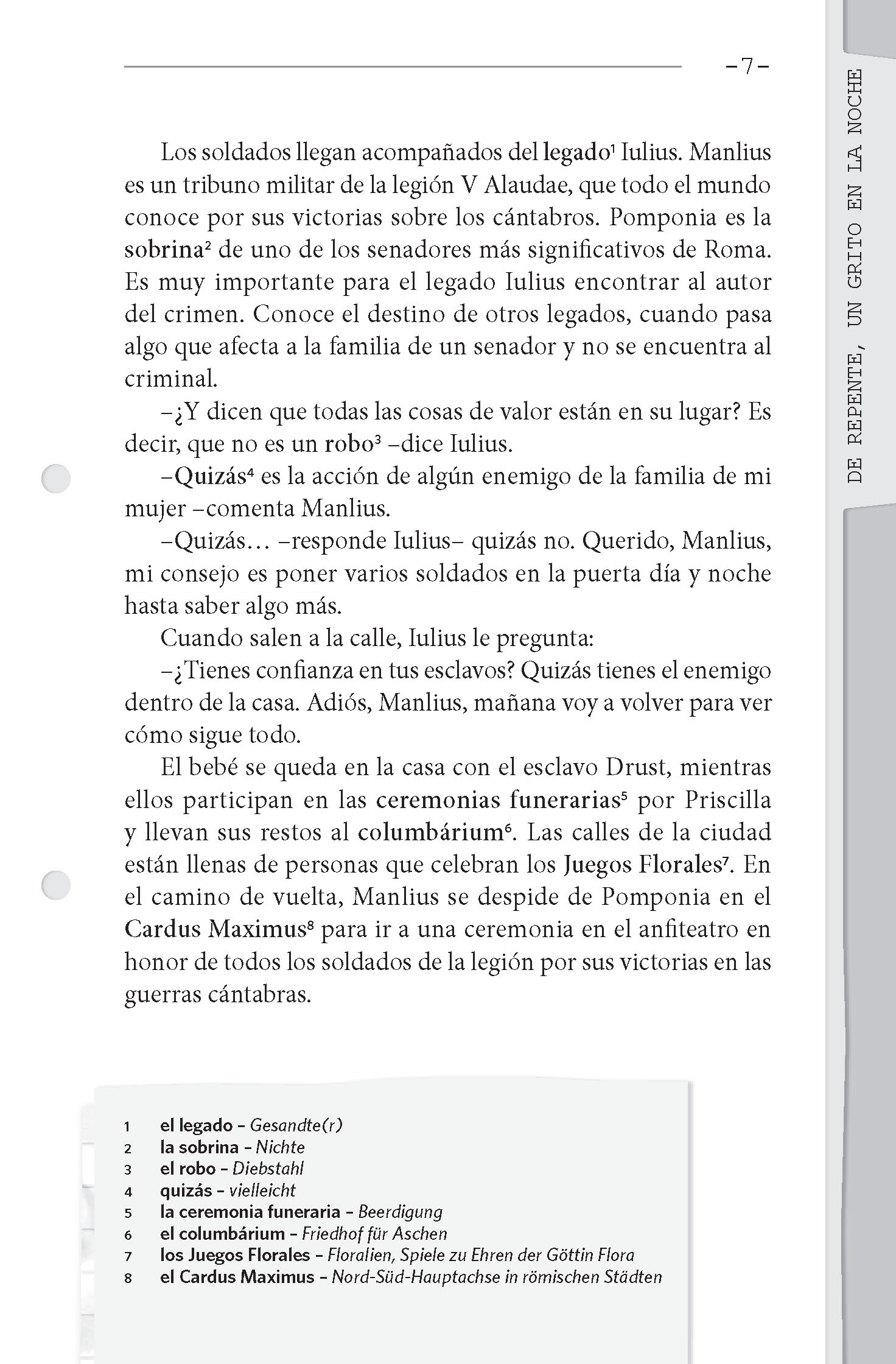 Eine Seite aus einem spanischen Buch enthält einen Text über Soldaten, ein Vermächtnis und ein Gespräch zwischen Julius und Manlius über Verbrechen und fehlende Wertgegenstände.