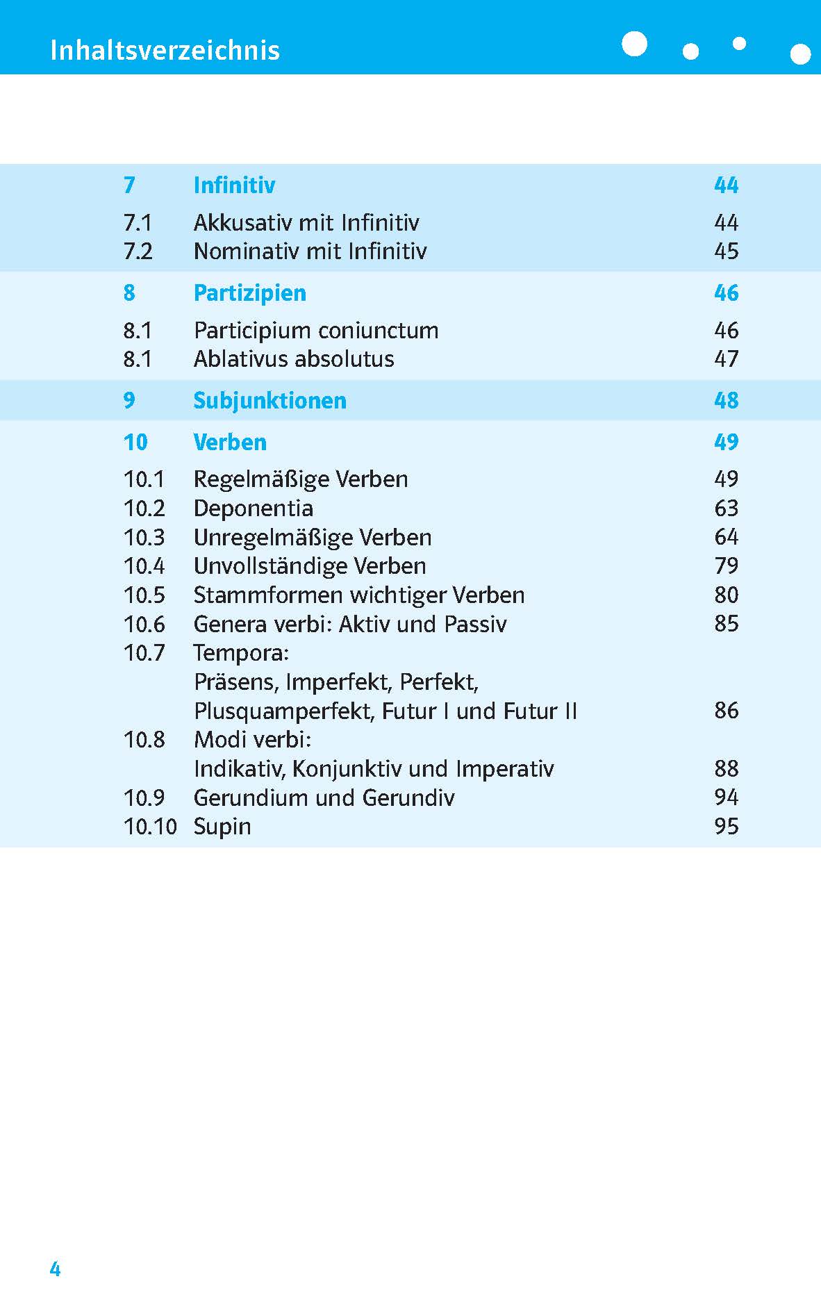 Inhaltsverzeichnis mit Themen wie Infinitive, Partizipien, Subjunktionen und Verben mit detaillierten Unterthemen und entsprechenden Seitenzahlen.