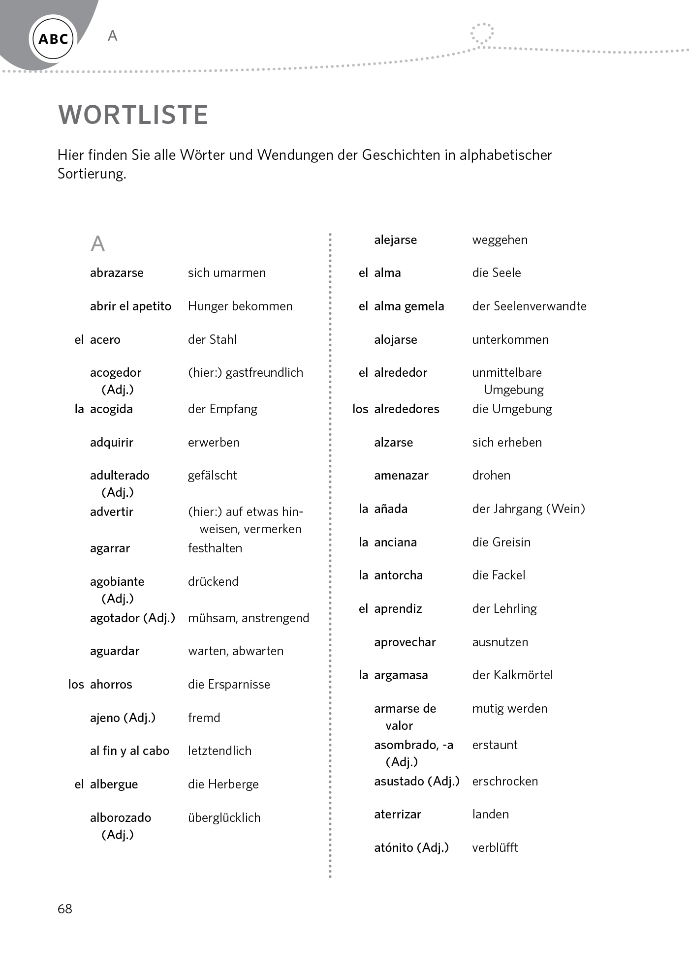 Eine deutsch-spanische Wortliste ist alphabetisch geordnet und enthält deutsche Wörter, ihre spanischen Übersetzungen und kurze Verwendungshinweise oder Erklärungen zu jedem Eintrag.