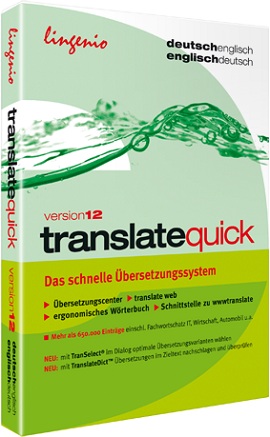 Eine Software-Box für translate quick Version 12 von Lingenio, mit deutsch-englischen Übersetzungswerkzeugen und Systemfunktionen in deutschem Text.