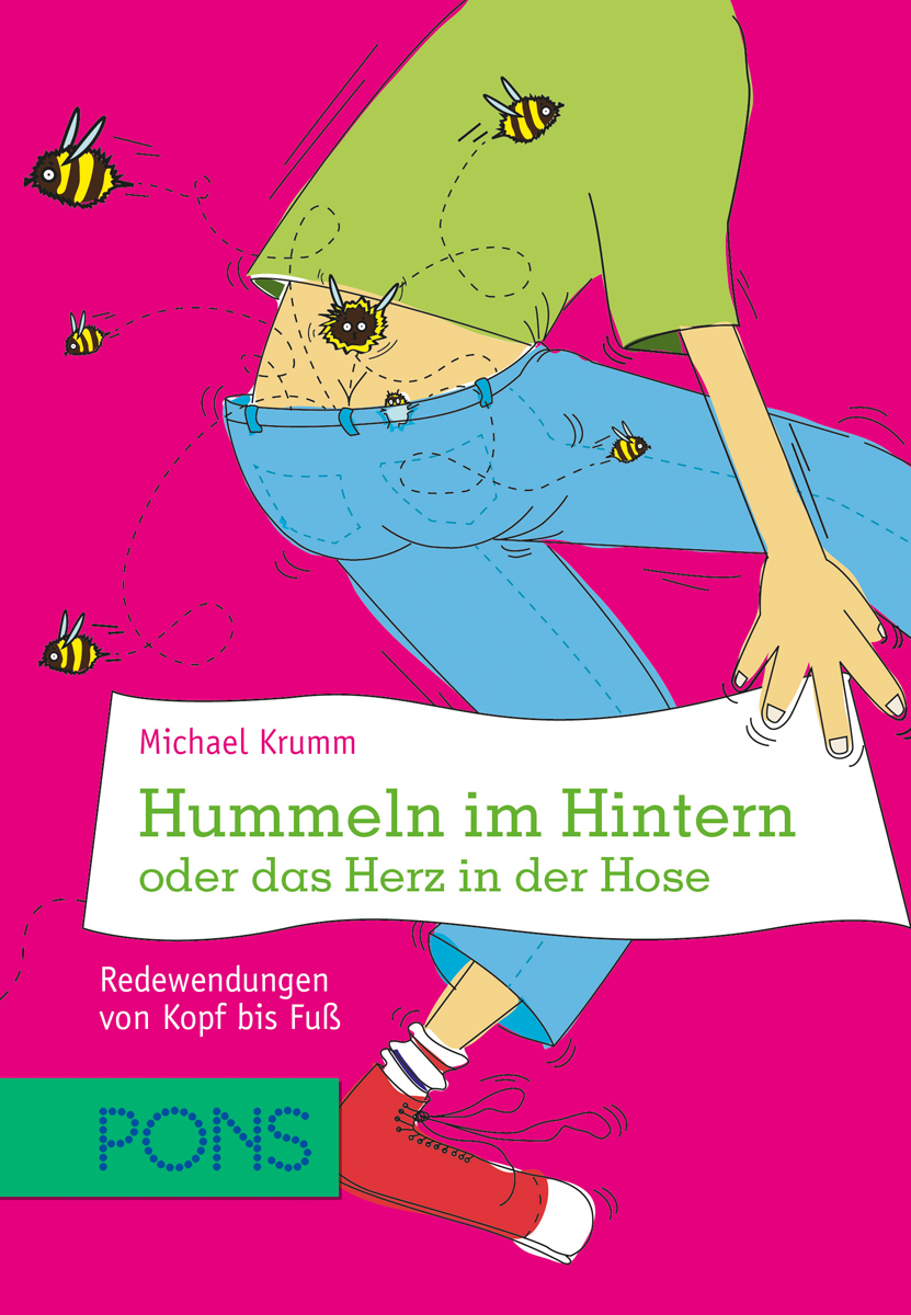 Buchumschlag mit einer Cartoon-Illustration des Mittelteils eines Menschen, herumfliegenden Bienen und dem Titel Hummeln im Hintern oder das Herz in der Hose von Michael Krumm auf rosa Hintergrund.