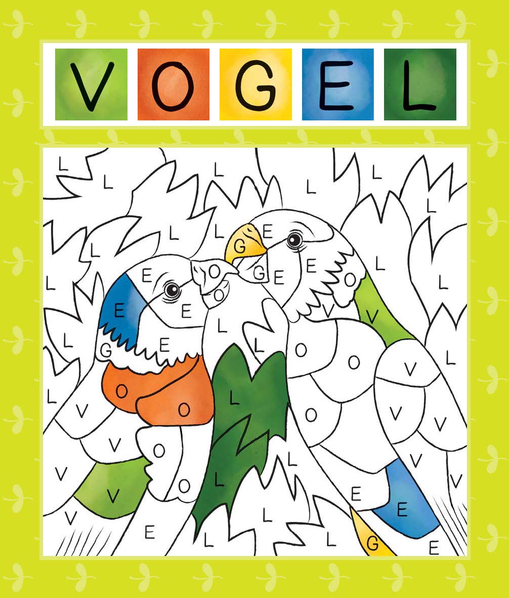 Farbige Illustration von zwei Vögeln, deren Abschnitte mit Buchstaben beschriftet und teilweise mit Farben gefüllt sind; VOGEL ist oben auf farbigen Quadraten geschrieben.
