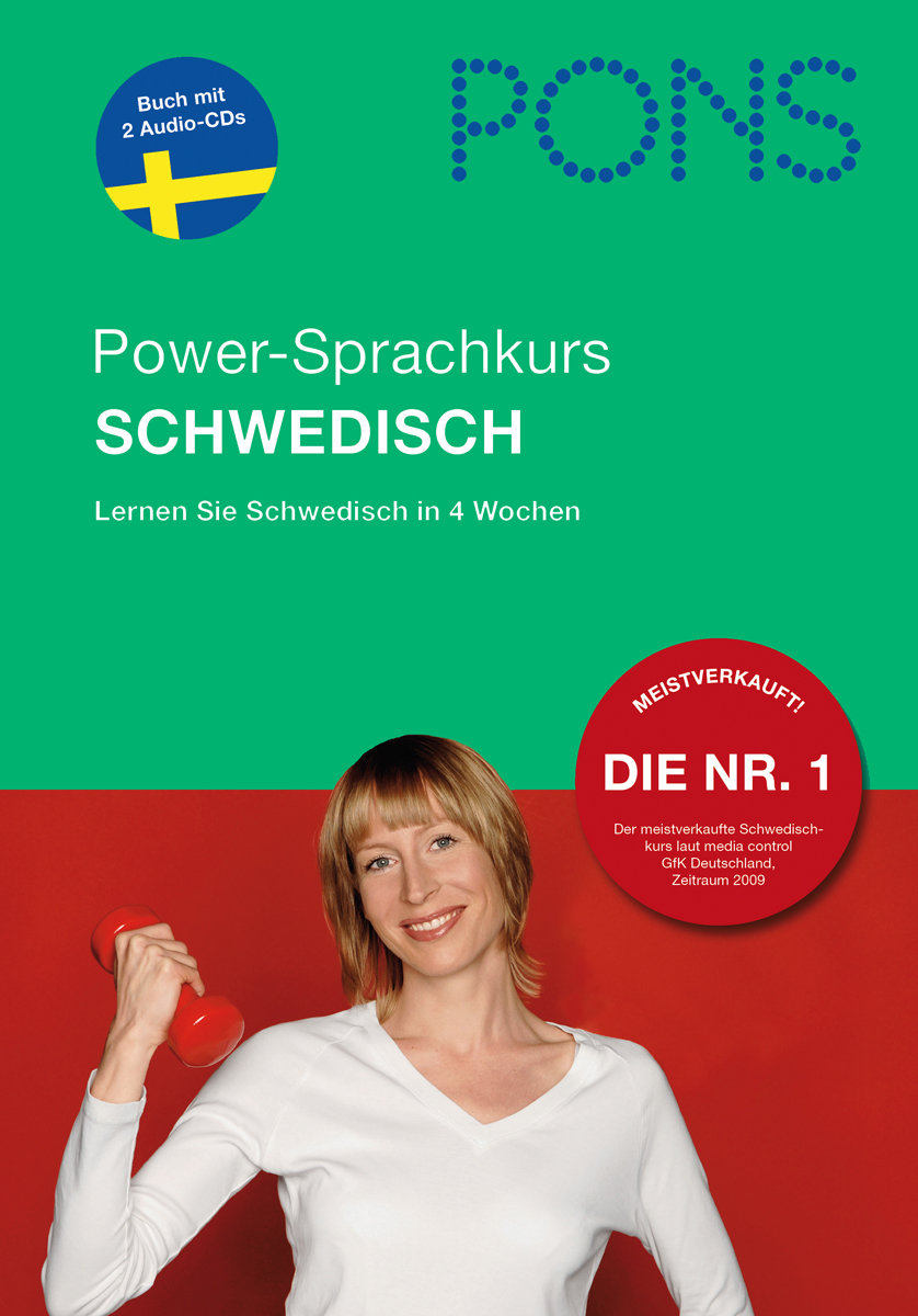 Eine Frau mit einem roten Telefonhörer lächelt vor einem grünen Hintergrund mit Text, der für einen PONS-Schwedischkurs wirbt.