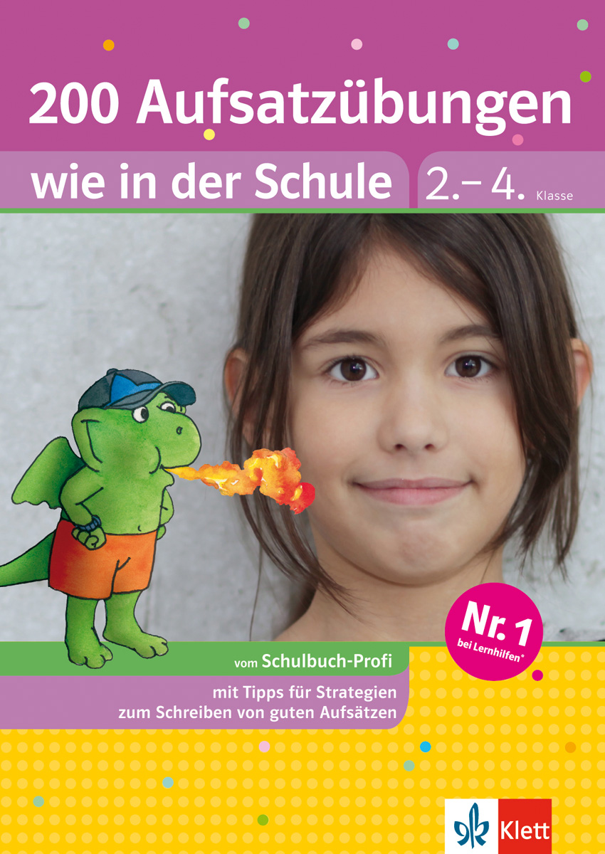 Ein Mädchen steht neben einem feuerspeienden Zeichentrickdrachen; das Bild ist auf dem Umschlag eines deutschen Schreibhefts für die Klassen 2 bis 4 zu sehen.