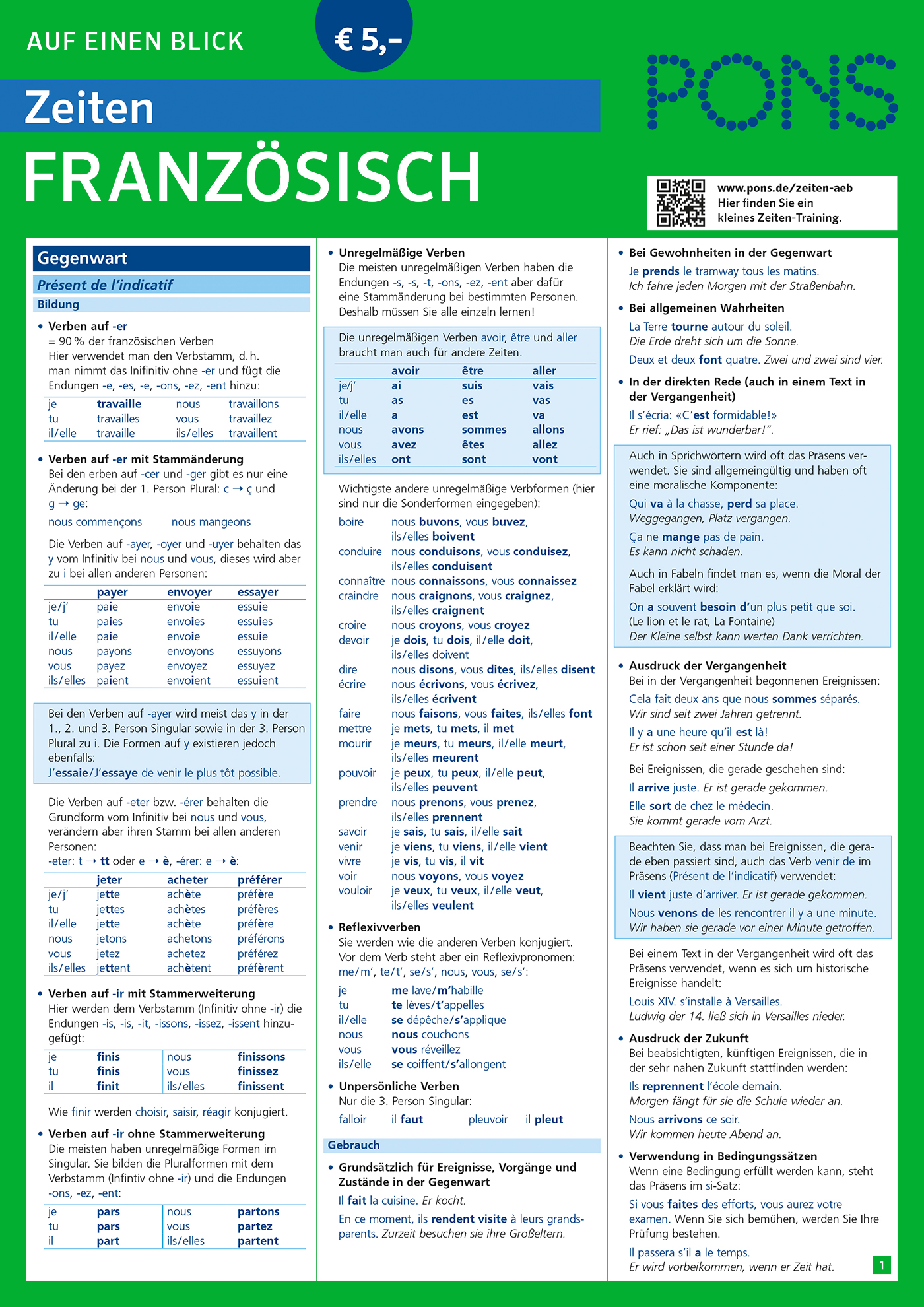 Ein deutschsprachiges Nachschlagewerk mit dem Titel Zeiten Französisch, das die französischen Verbformen, Konjugationen und Grammatikregeln in einer strukturierten Tabelle zusammenfasst.
