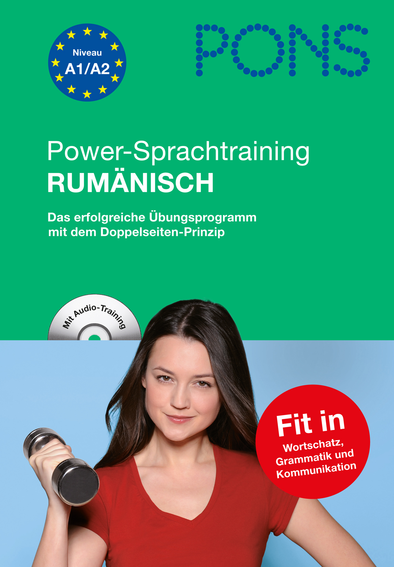Umschlag eines deutschsprachigen rumänischen Sprachlernbuchs mit dem Titel Power-Sprachtraining Rumänisch, auf dem eine Frau in einem roten Hemd eine Hantel hält.