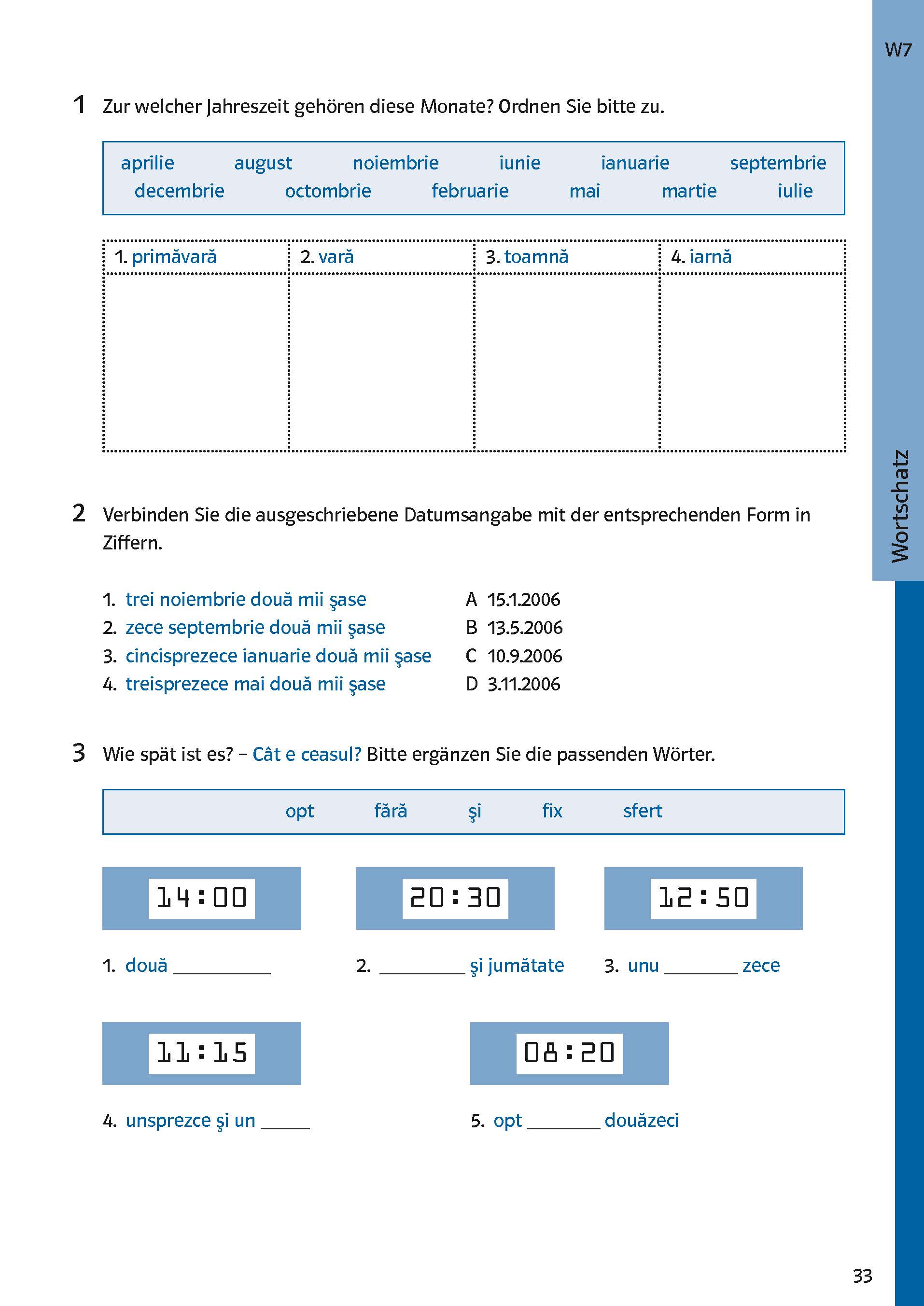 Ein Arbeitsblatt zur deutschen Sprache mit Übungen zu Jahreszeiten, Datumsangaben und Zeitangaben. Es gibt Tabellen, Listen und freie Felder für Antworten. Die Seite ist mit Vorstufe beschriftet und mit 33 nummeriert.