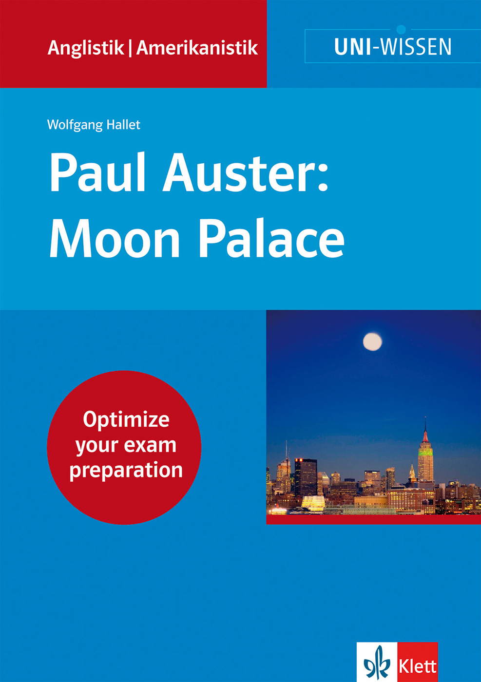 Buchumschlag für Paul Auster: Moon Palace von Wolfgang Hallet, mit einer Stadtlandschaft mit dem Empire State Building in der Abenddämmerung und Tipps zur Prüfungsvorbereitung.