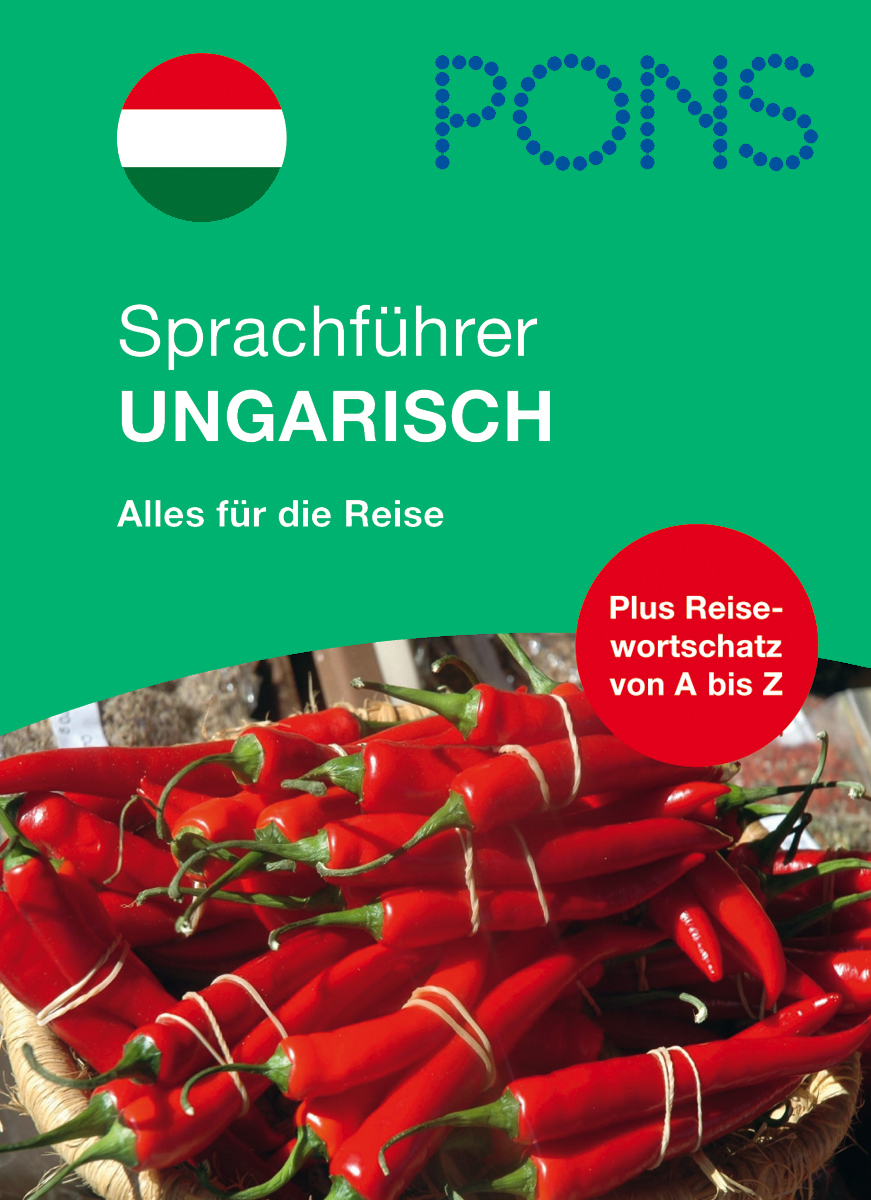 Umschlag eines PONS-Reiseführers für die ungarische Sprache mit einem Korb mit roten Chilischoten und der ungarischen Flagge.