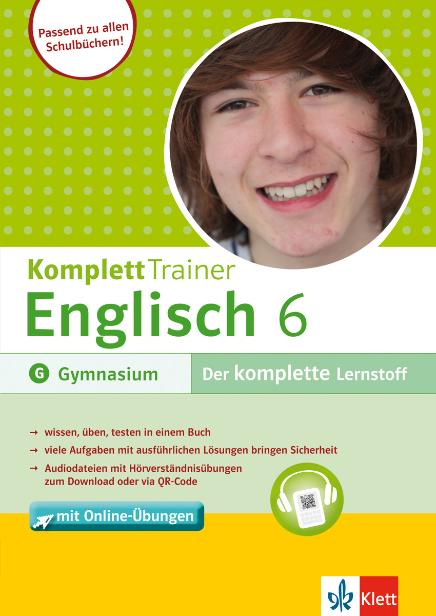 Umschlag eines deutschen Lehrbuchs mit dem Titel KomplettTrainer Englisch 6 für das Gymnasium, mit einer lächelnden Schülerin und Informationen zu den enthaltenen Lernmaterialien und Online-Übungen.